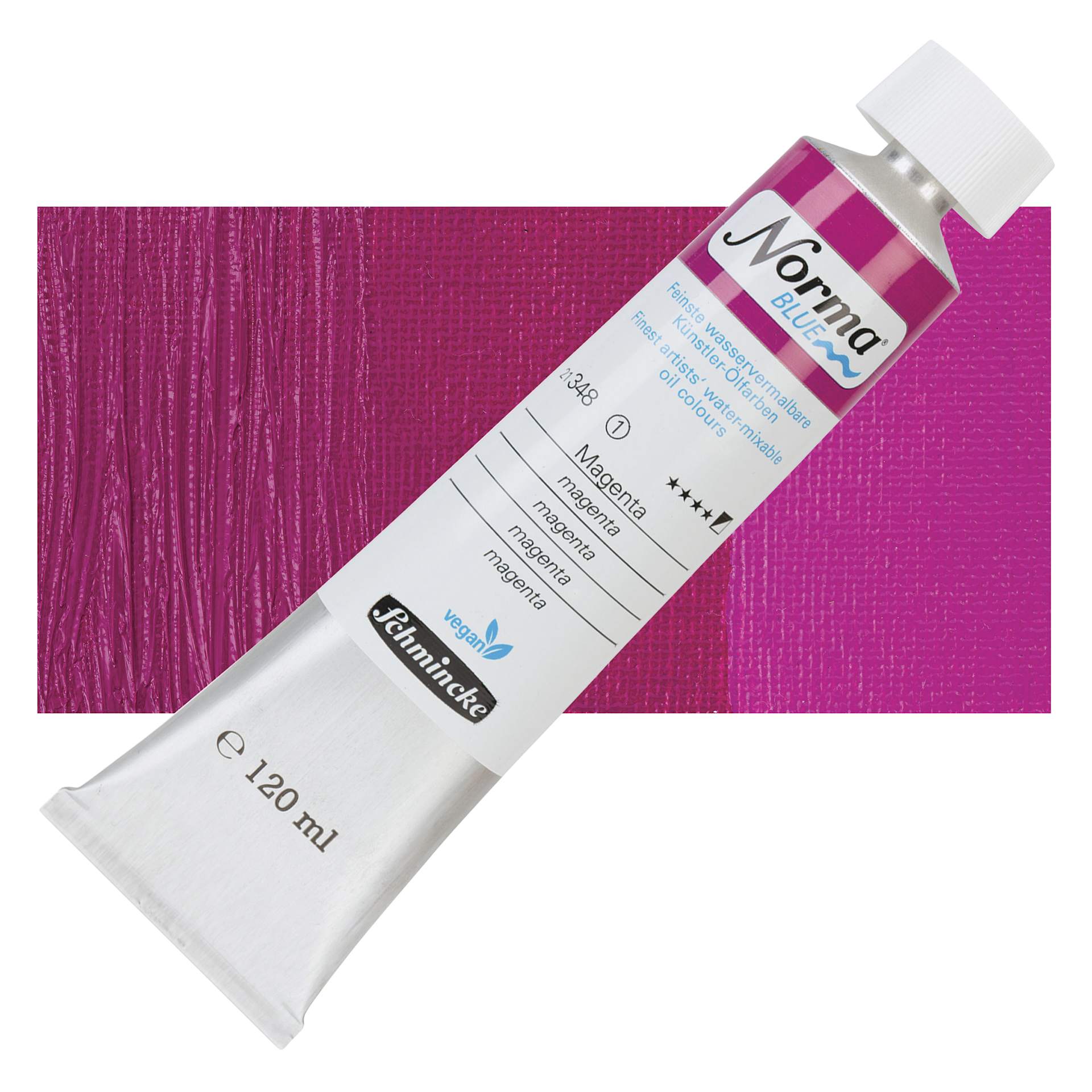 Schmincke Norma Blue Water-Mixable Oil Paint - Magenta, 120 ml tube and swatch