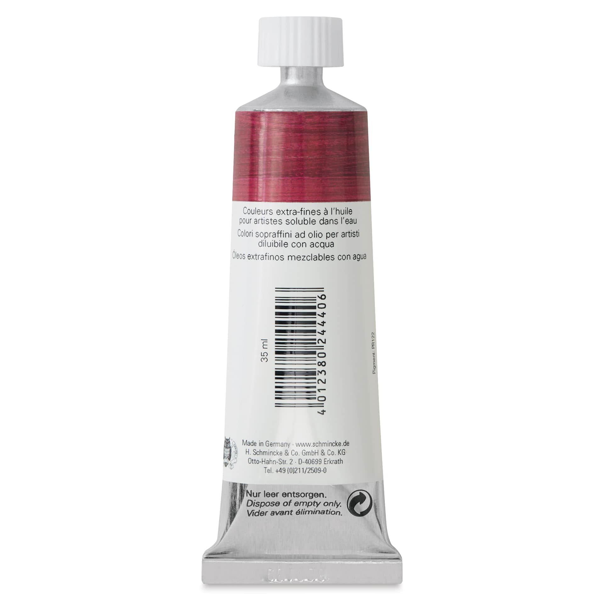 Schmincke Norma Blue Water-Mixable Oil Paint - Ruby Red, 35 ml, back of the tube