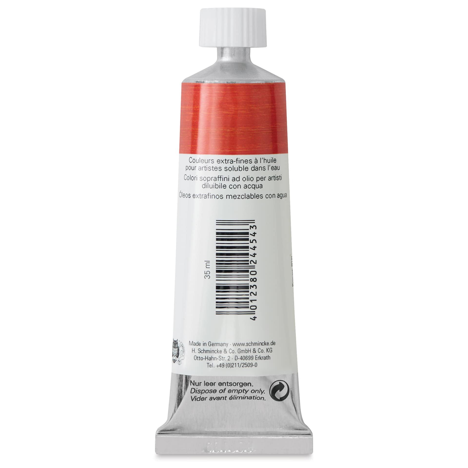 Schmincke Norma Blue Water-Mixable Oil Paint - Poppy Red, 35 ml, back of the tube