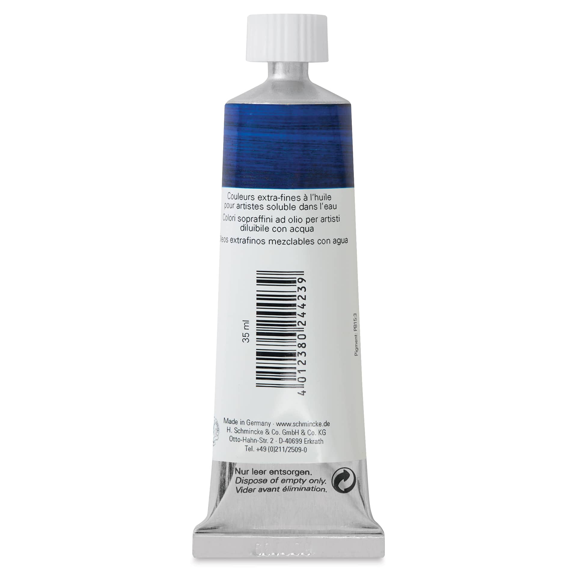 Schmincke Norma Blue Water-Mixable Oil Paint - Phthalo Blue, 35 ml, back of the tube