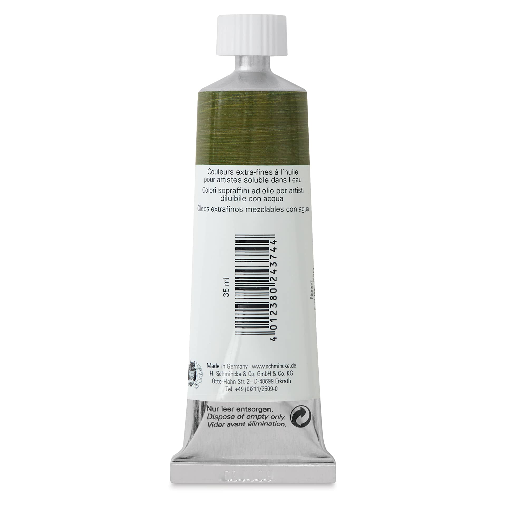 Schmincke Norma Blue Water-Mixable Oil Paint - Olive Green, 35 ml, back of the tube
