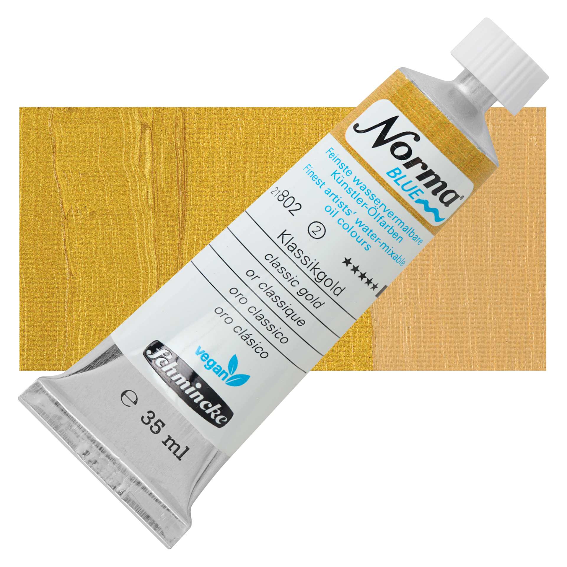 Schmincke Norma Blue Water-Mixable Oil Paint - Classic Gold, 35 ml, tube and swatch