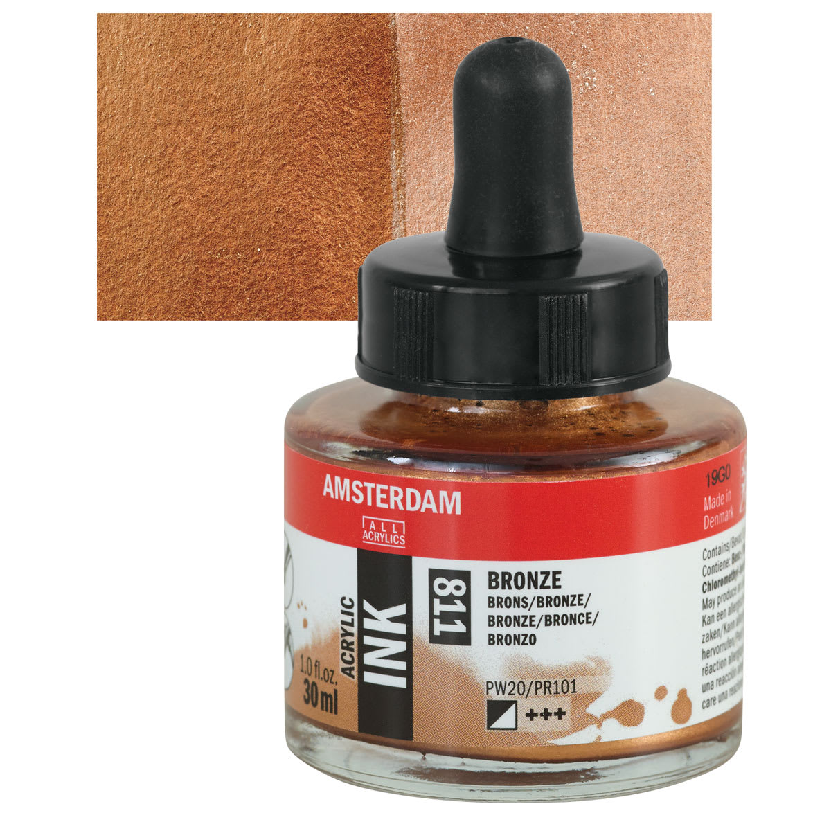 Amsterdam Acrylic Ink - Bronze, 30 ml bottle and swatch