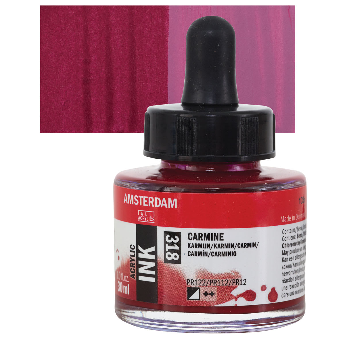 Amsterdam Acrylic Ink - Carmine, 30 ml bottle and swatch