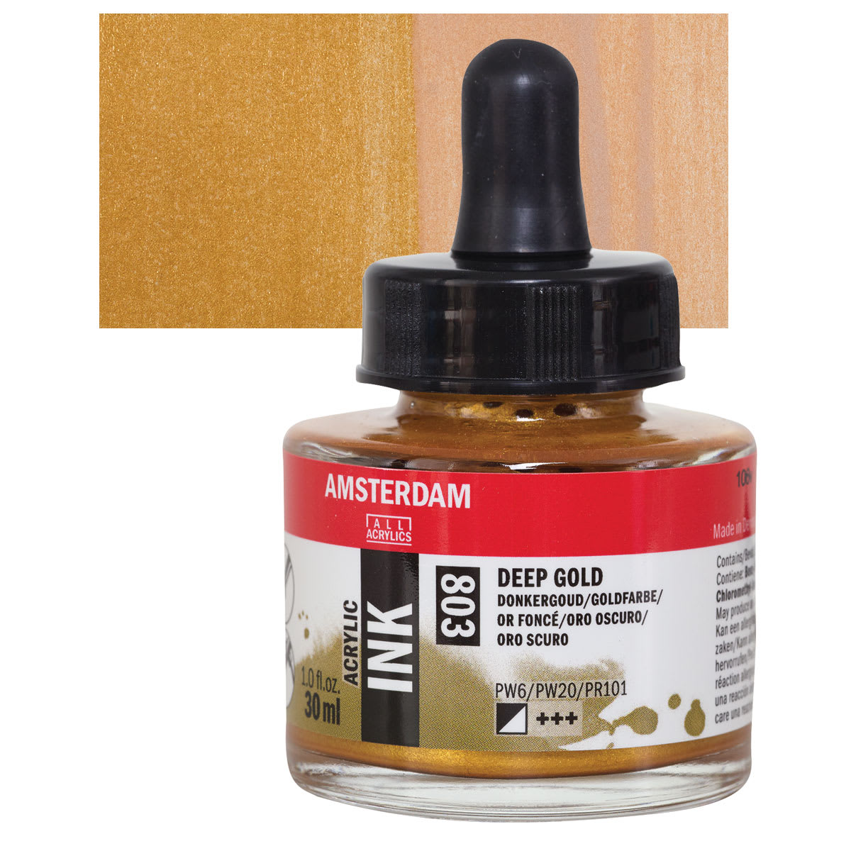 Amsterdam Acrylic Ink - Deep Gold, 30 ml bottle and swatch