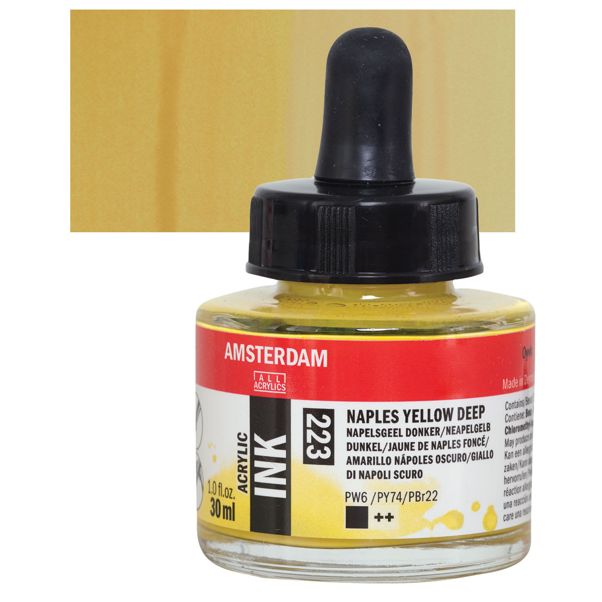 Amsterdam Acrylic Ink - Naples Yellow Deep, 30 ml bottle and swatch