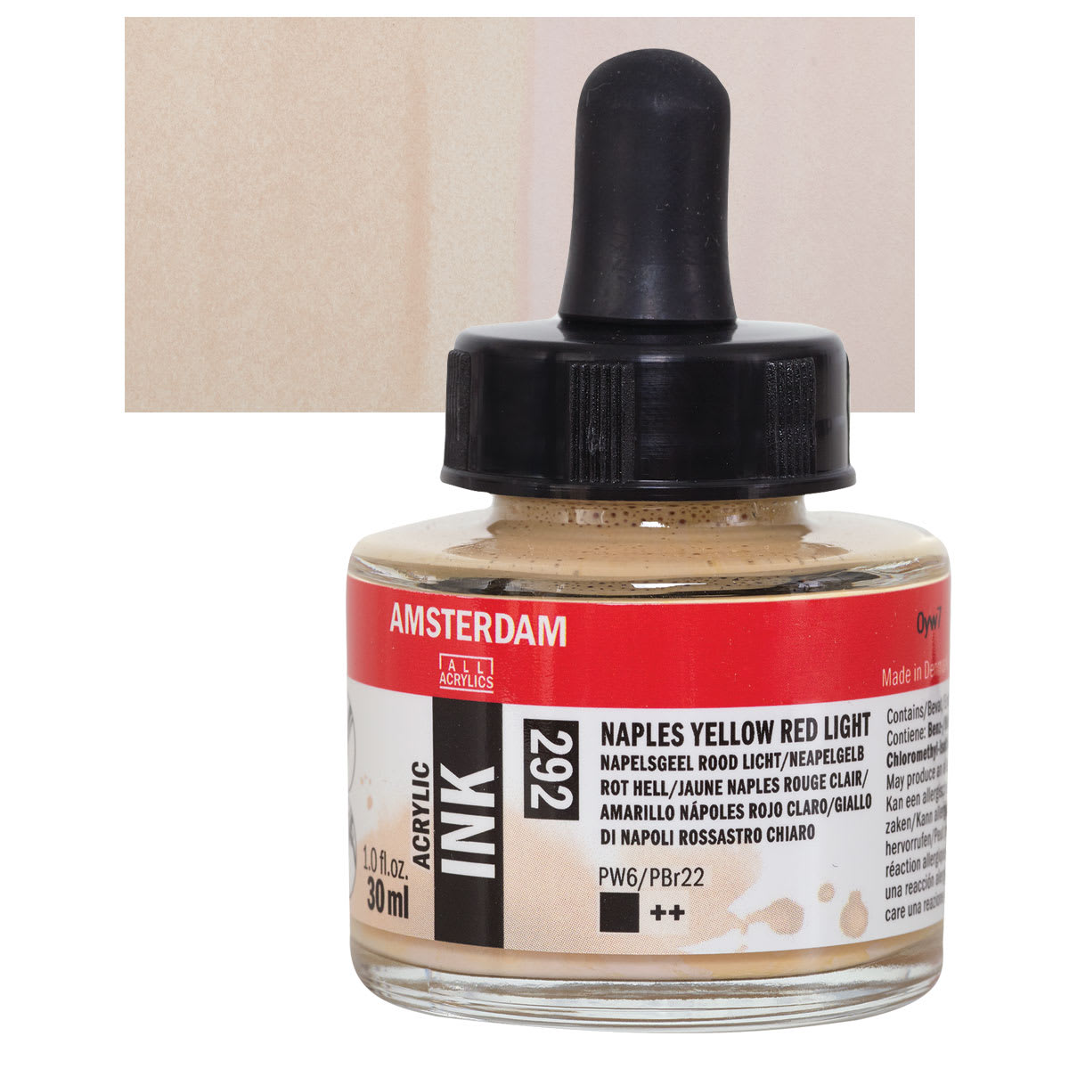 Amsterdam Acrylic Ink - Naples Yellow Red Light, 30 ml bottle and swatch
