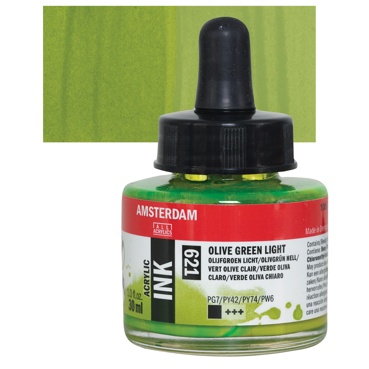 Amsterdam Acrylic Ink - Olive Green Light, 30 ml bottle and swatch