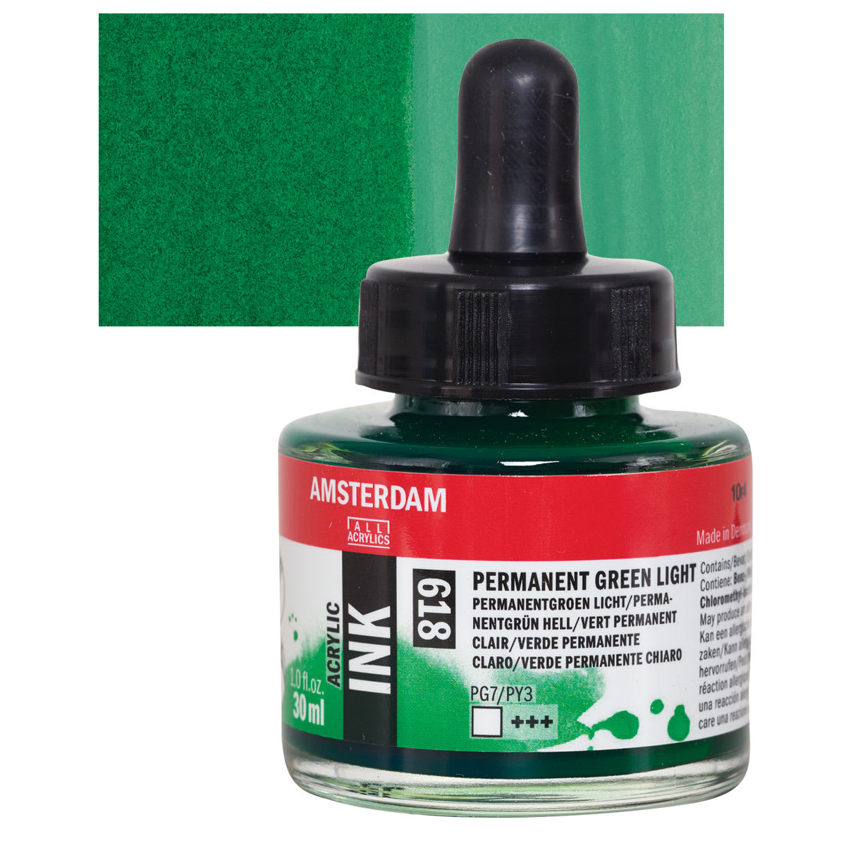 Amsterdam Acrylic Ink - Permanent Green Light, 30 ml bottle and swatch