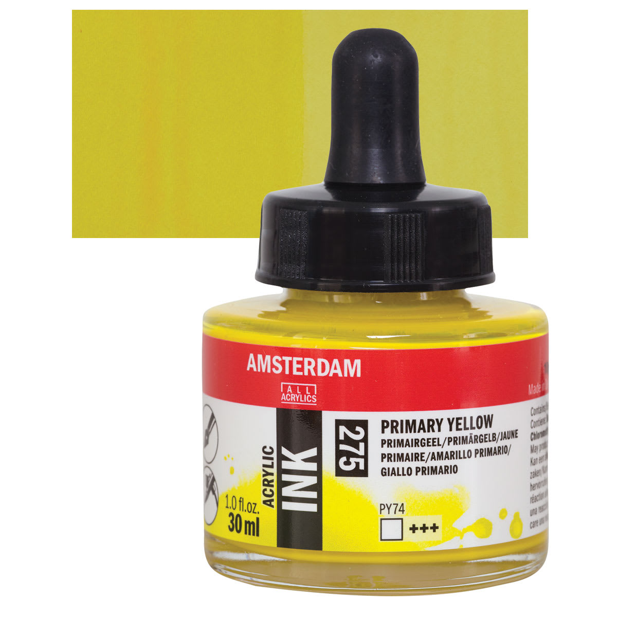 Amsterdam Acrylic Ink - Primary Yellow, 30 ml bottle and swatch
