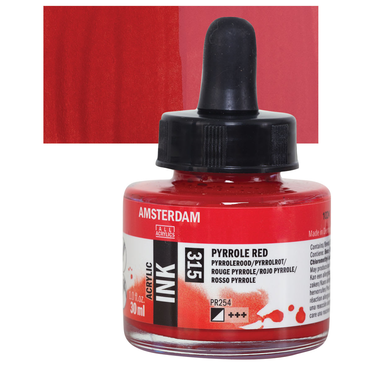Amsterdam Acrylic Ink - Pyrrole Red, 30 ml bottle and swatch