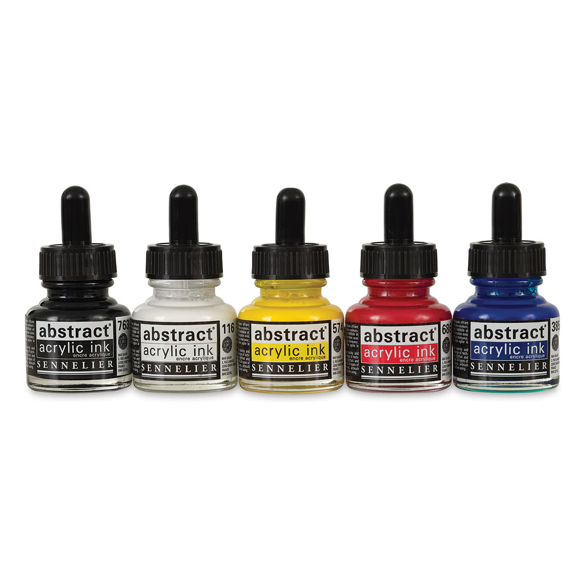 Sennelier Abstract Acrylic Ink Sets - Components of set of 6 Primary Colors shown in row Sennelier Abstract Acrylic Ink Sets - Components of set of 6 Primary Colors shown in row