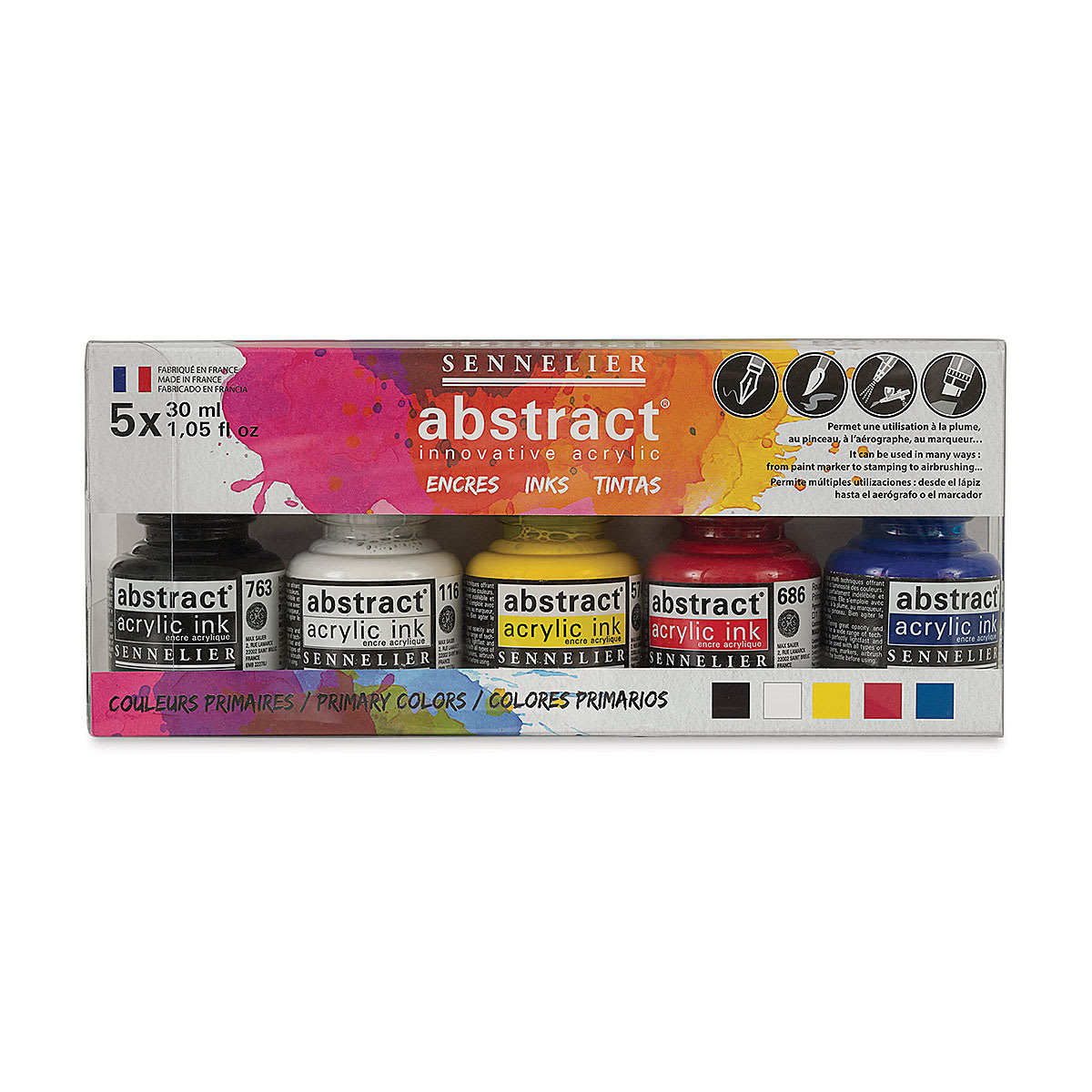 Sennelier Abstract Acrylic Ink Sets - Front of package of set of 6 Primary Colors
Sennelier Abstract Acrylic Ink Sets - Front of package of set of 6 Primary Colors