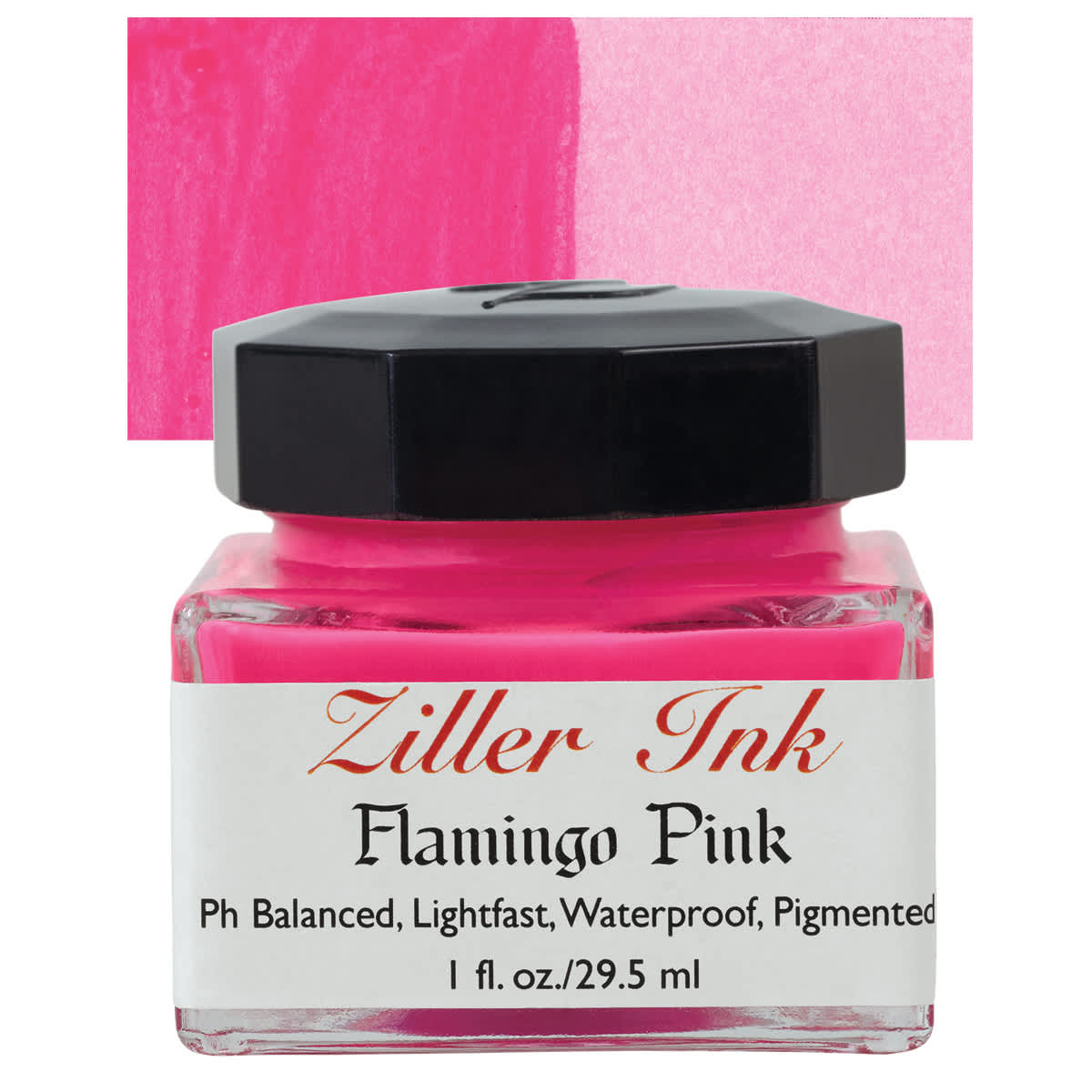 Ziller Ink - Flamingo Pink, 1 oz bottle and swatch