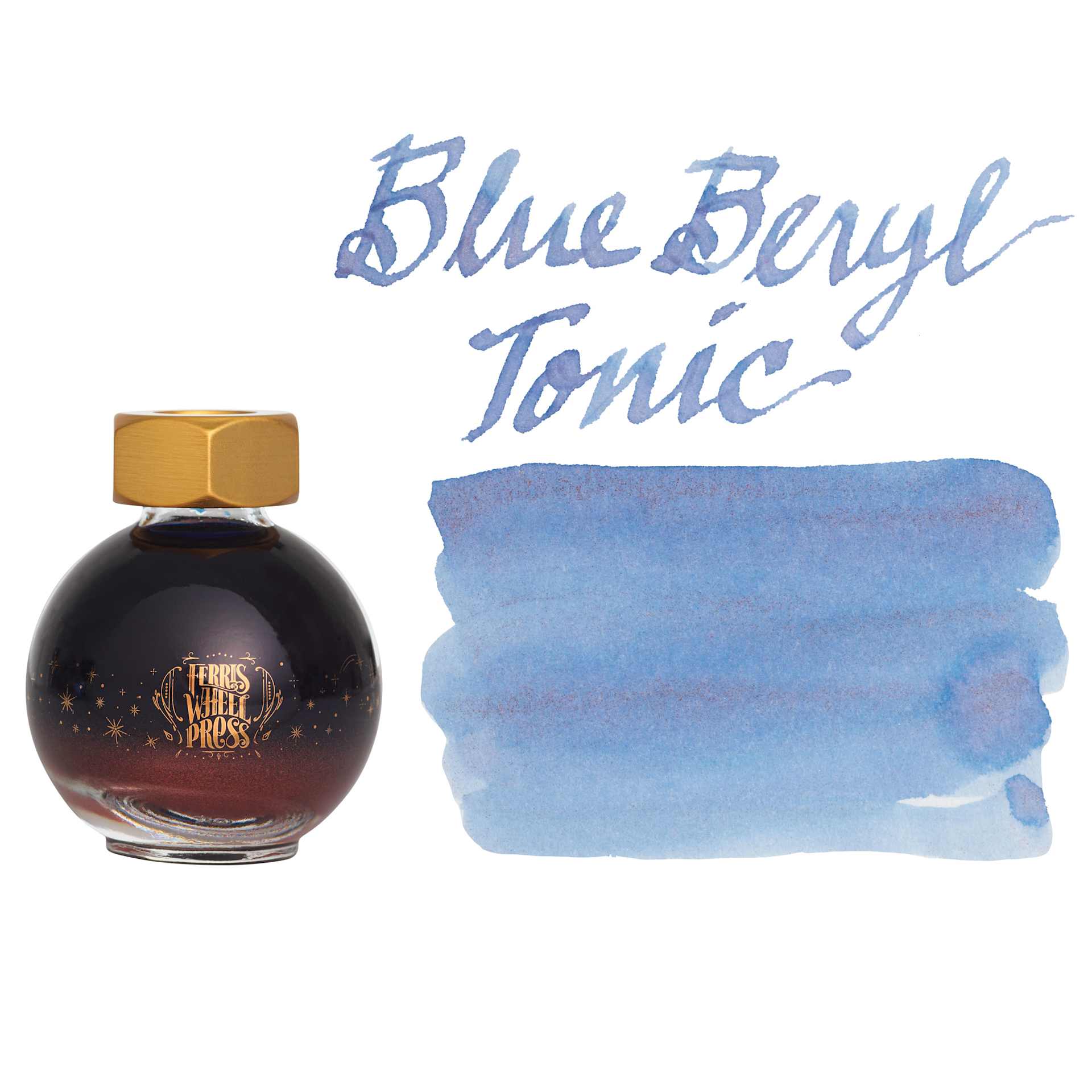 Ferris Wheel Press Ferritales Fountain Pen Ink - Blue Beryl Tonic, swatch and bottle
