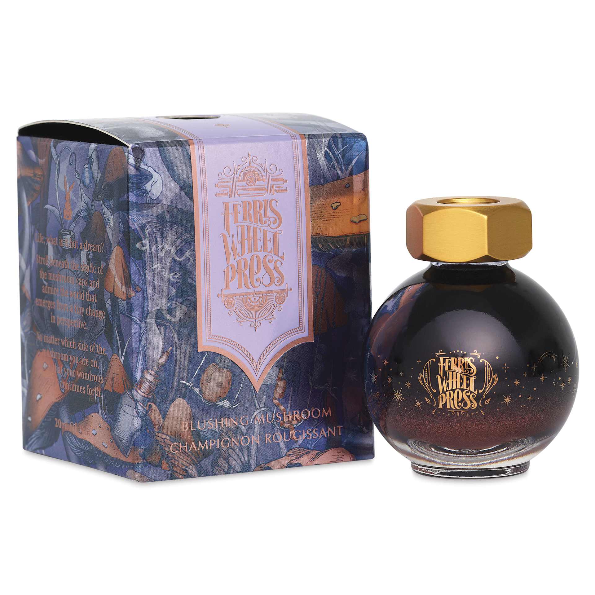 Ferris Wheel Press Ferritales Fountain Pen Ink - Blushing Mushroom, 20 ml, bottle and packaging