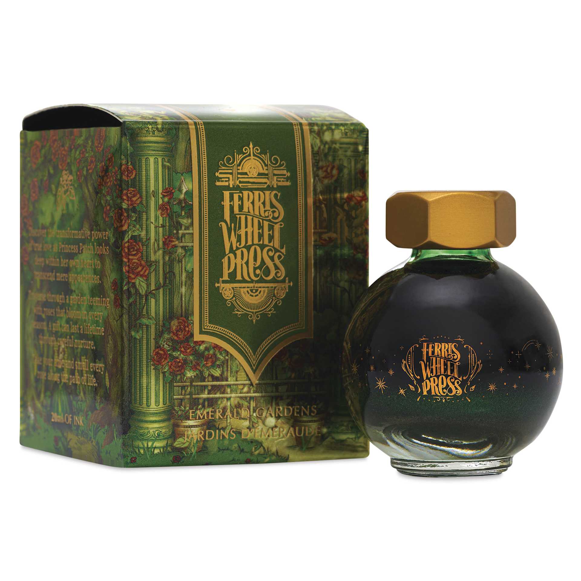 Ferris Wheel Press Ferritales Fountain Pen Ink - Emerald Gardens, 20 ml, bottle and packaging
