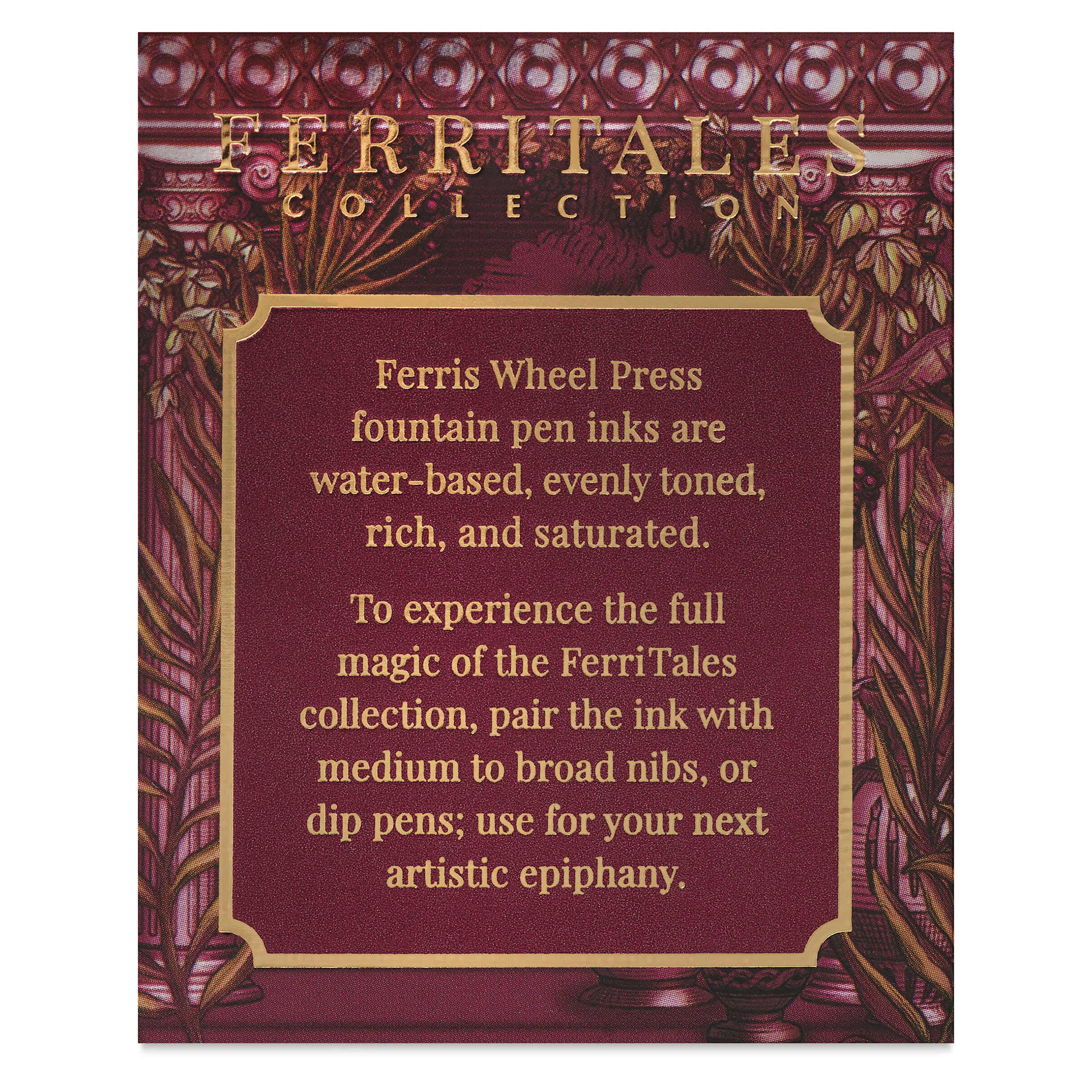 Ferris Wheel Press Ferritales Fountain Pen Ink - Ambrosia Indulgence, text in packaging describing the usage