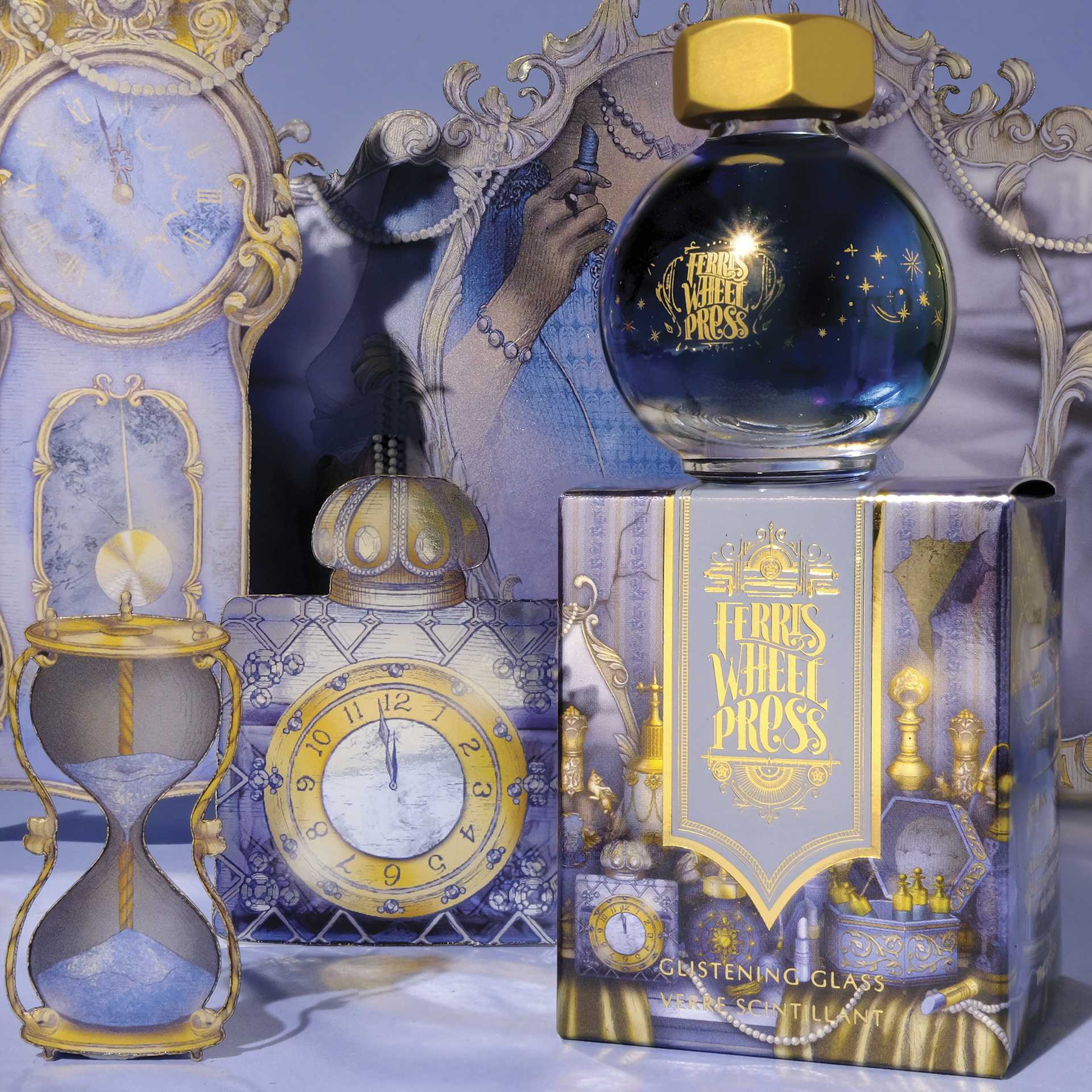 Ferris Wheel Press Ferritales Fountain Pen Ink - Glistening Glass, bottle on top of the packaging