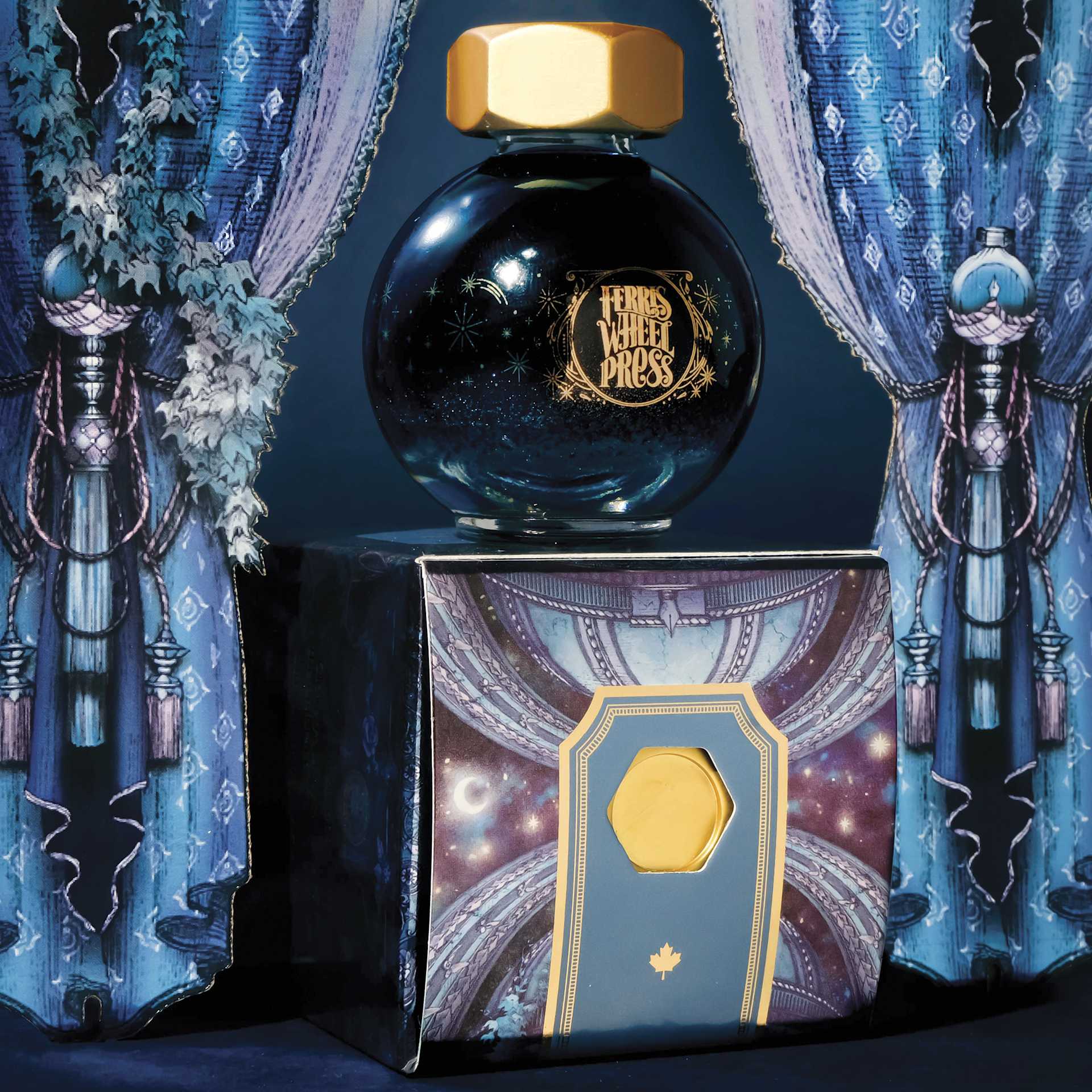 Ferris Wheel Press Ferritales Fountain Pen Ink - Lapis Lullabies, bottle on top of the packaging