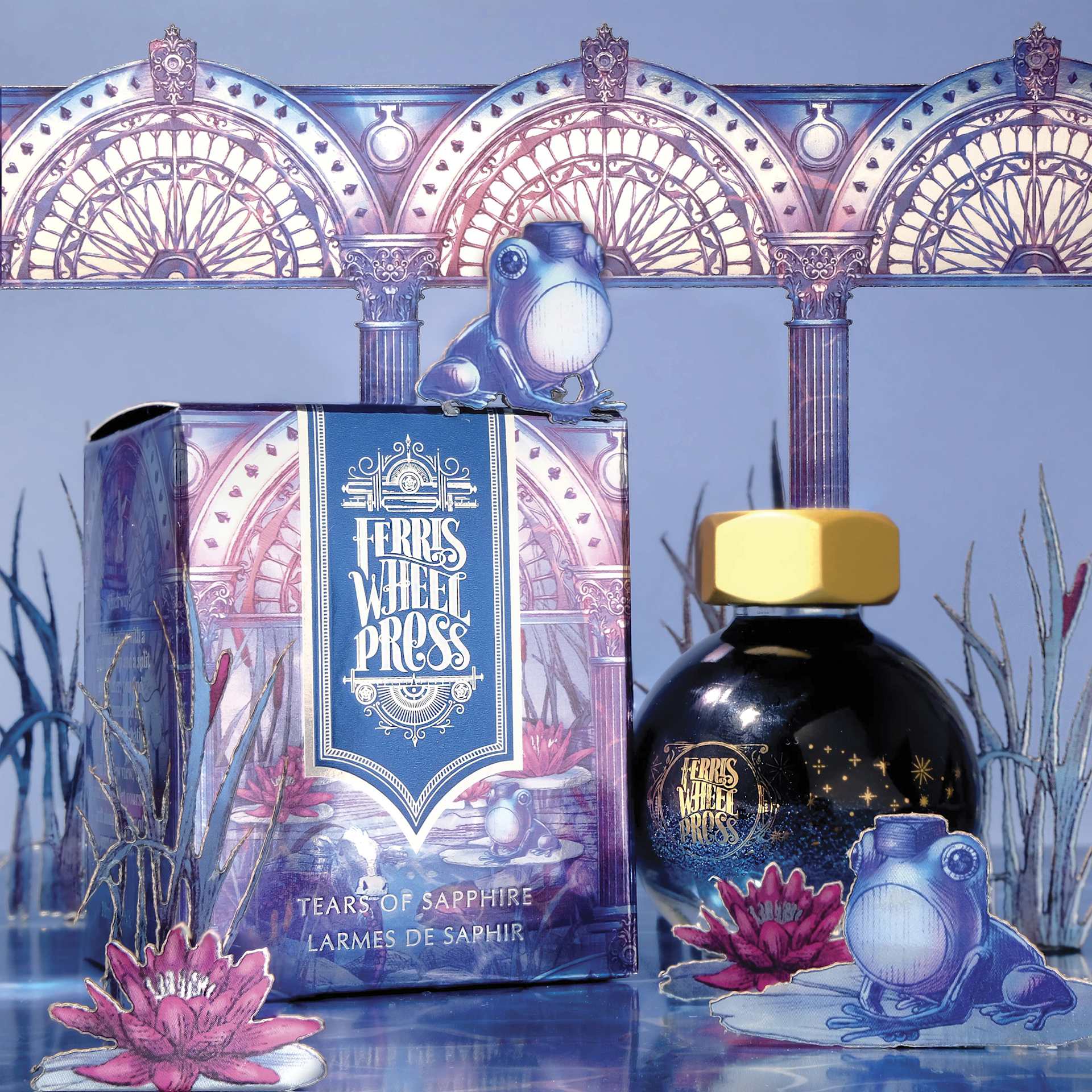 Ferris Wheel Press Ferritales Fountain Pen Ink - Tears of Sapphire, bottle and packaging