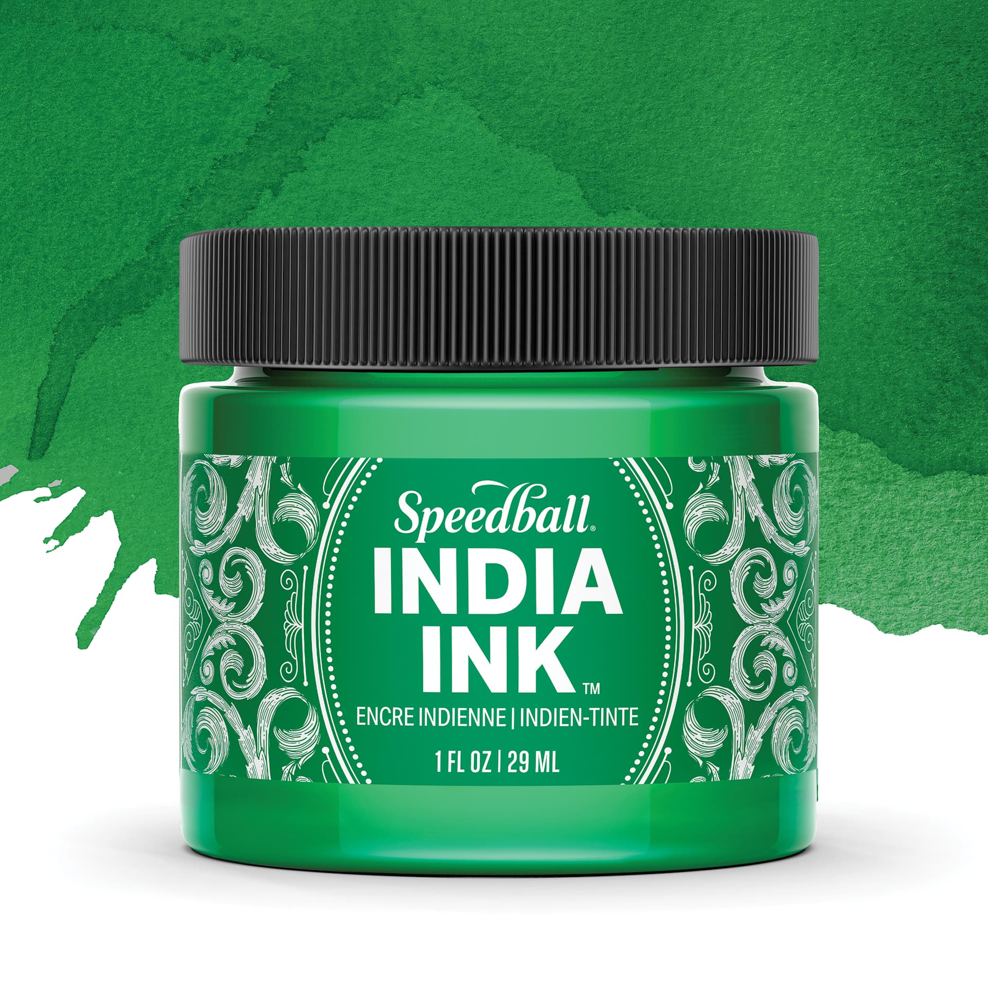 Speedball India Ink - Bright Emerald, 1 oz, jar with swatch