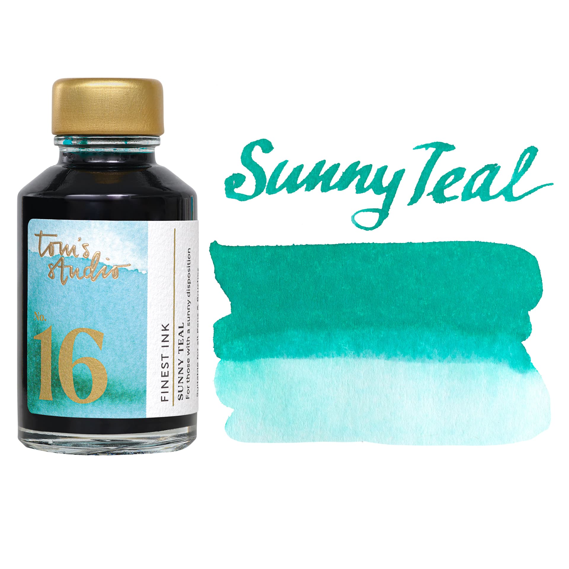 Tom's Studio Fountain Pen Ink - 50 ml, Sunny Teal, bottle with swatch