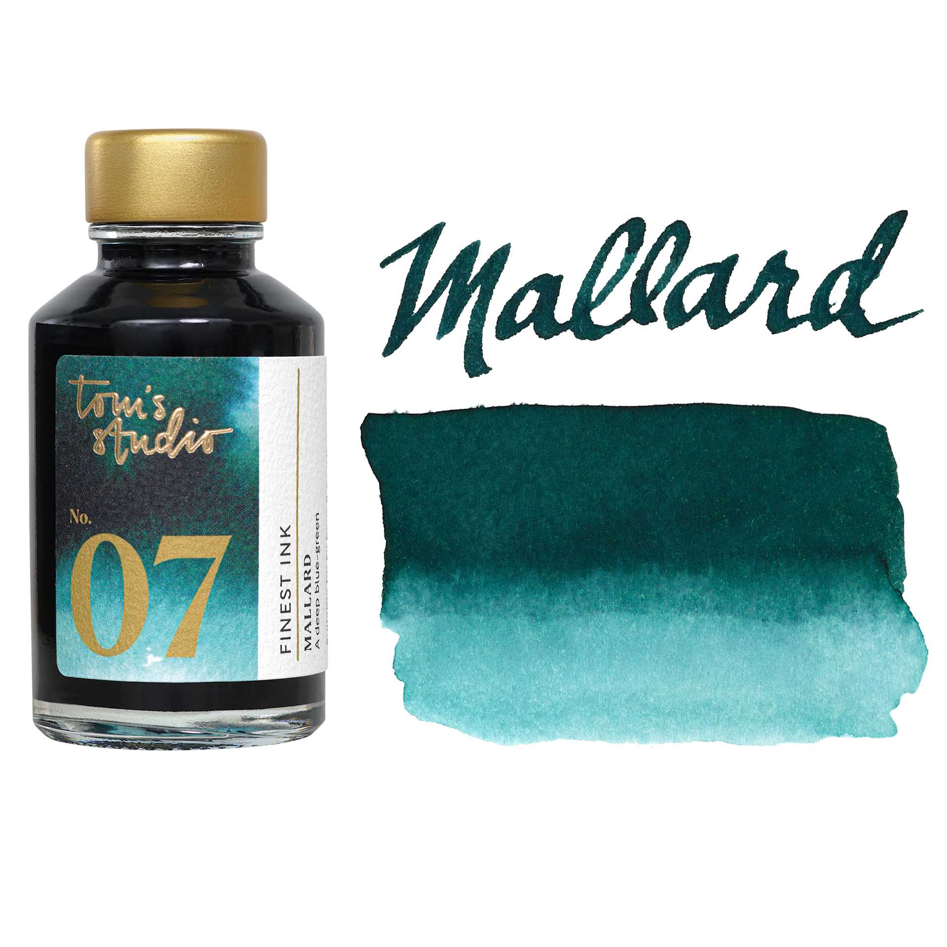 Tom's Studio Fountain Pen Ink - 50 ml, Mallard, bottle with swatch