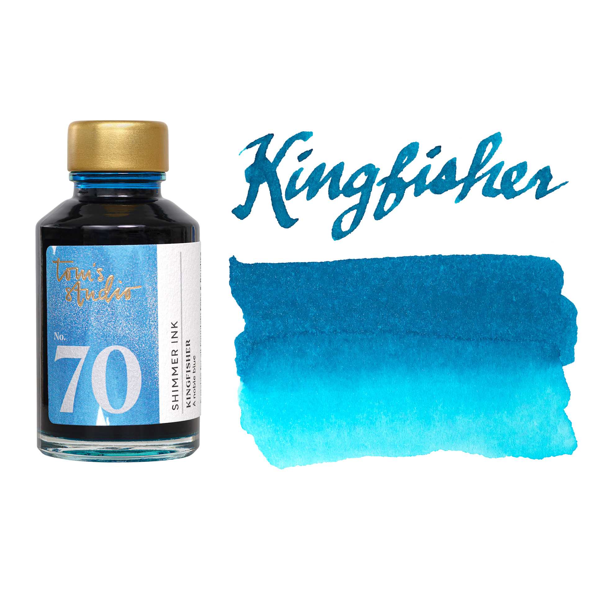 Tom's Studio Shimmer Fountain Pen Ink - Kingfisher, swatch and jar