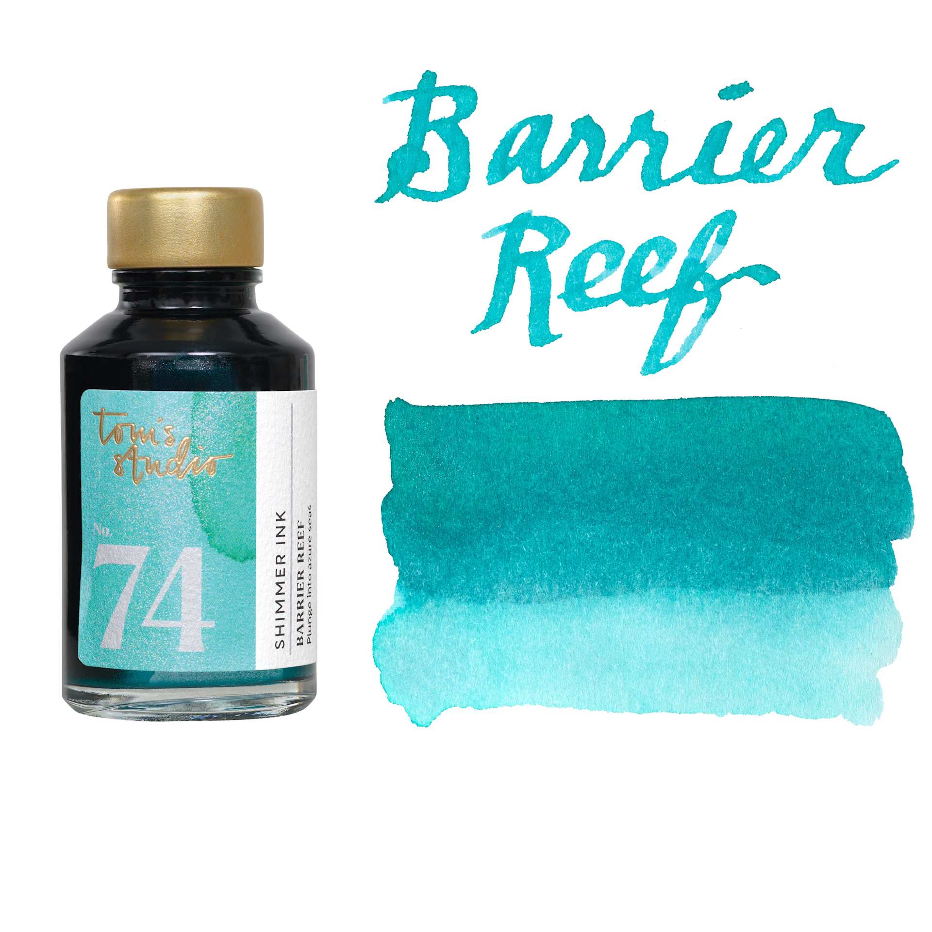 Tom's Studio Shimmer Fountain Pen Ink - Barrier Reef, swatch and jar