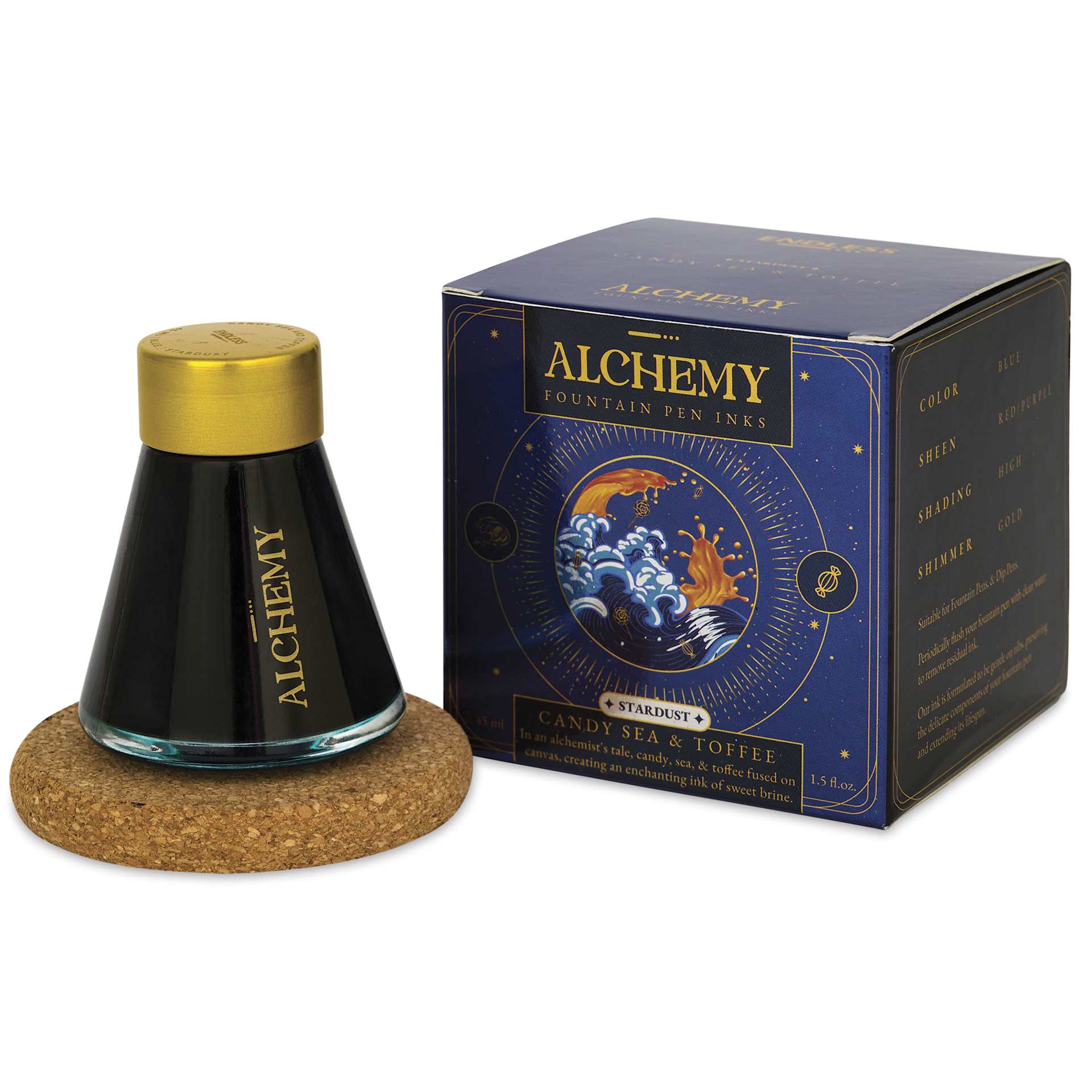 Endless Alchemy Fountain Pen Ink - Stardust Candy Sea and Toffee, bottle next to packaging box
