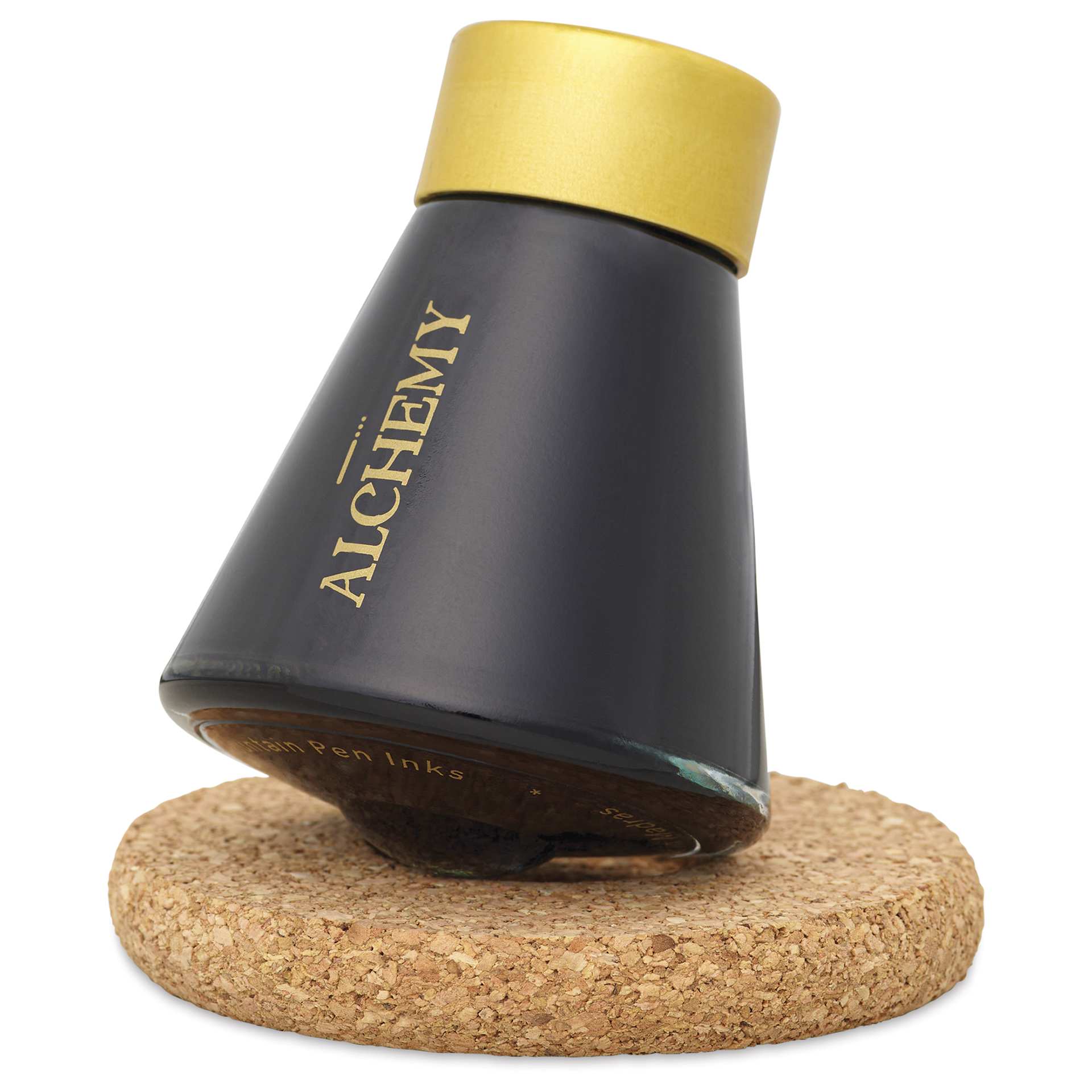 Endless Alchemy Fountain Pen Ink - Mystic Forest, 45 ml, bottle tilted on cork base