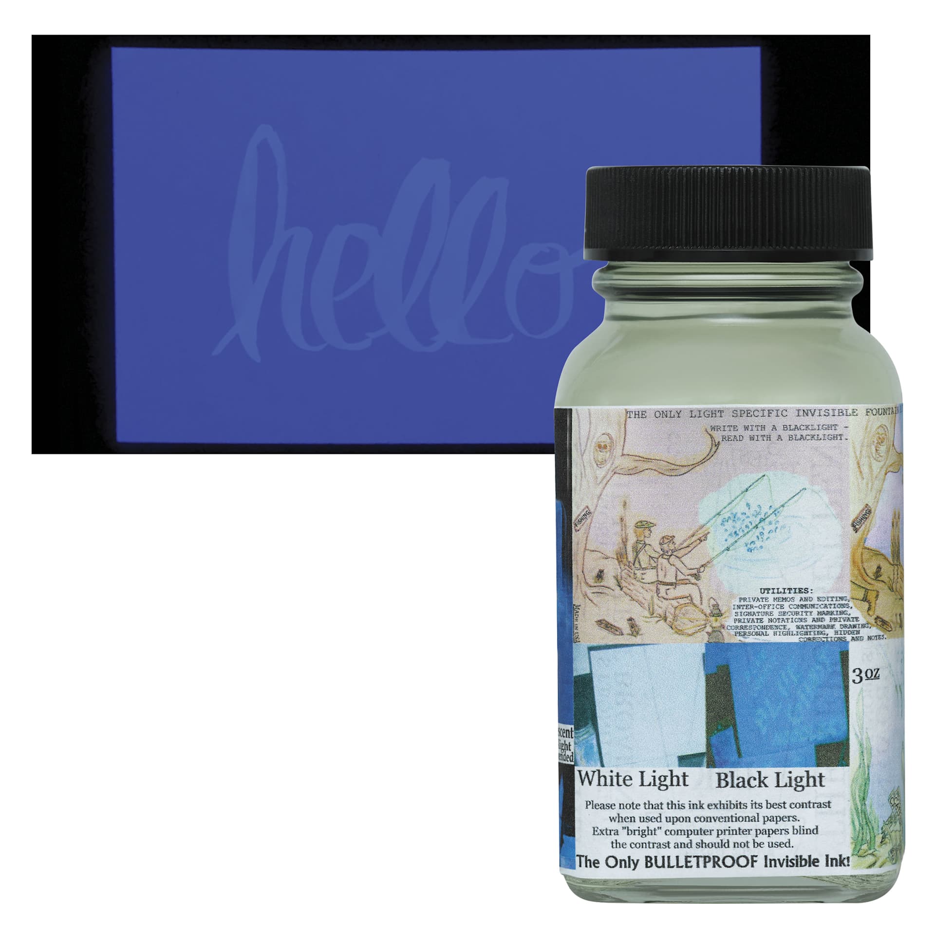 Noodler's Ink Blue Ghost Invisible Fountain Pen Ink, swatch and bottle