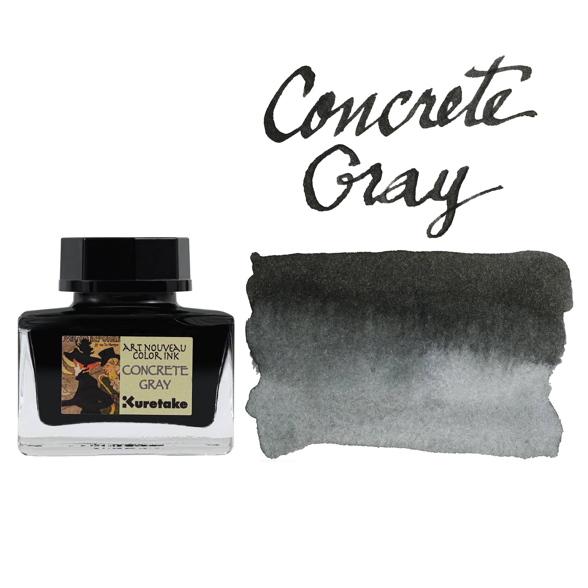 Kuretake Ink-Café Art Nouveau Ink - Concrete Gray, 20 ml, bottle with swatch
