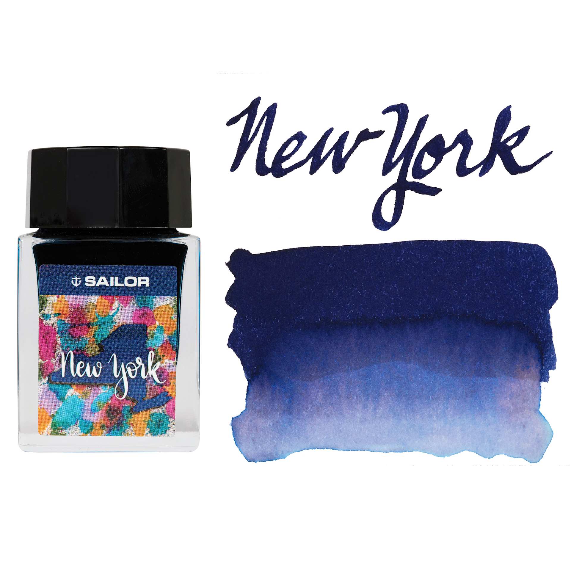 Sailor USA State Ink - New York, Blue Black, 20 ml, swatch and marker