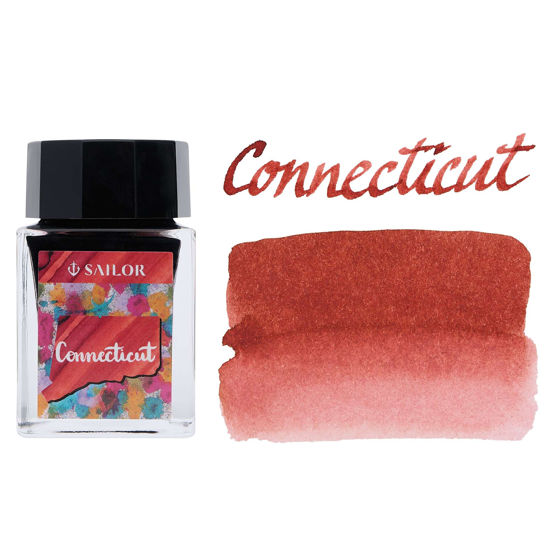 Sailor USA State Ink - Connecticut, Foliage Red, 20 ml bottle and swatch