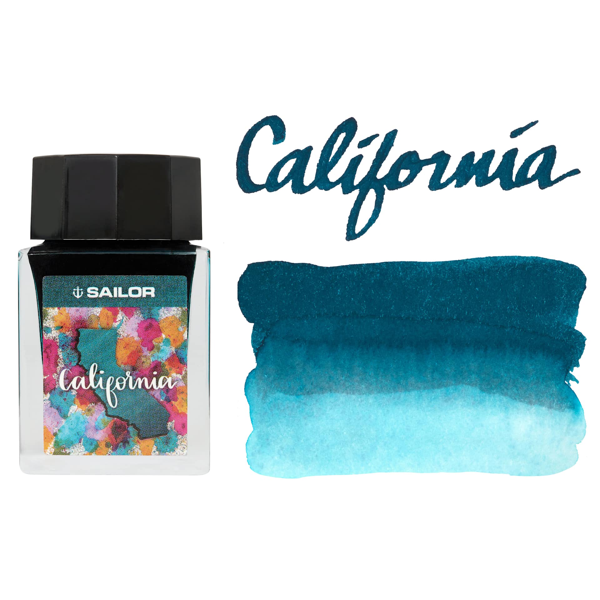 Sailor USA State Ink - California, Blue, 20 ml, swatch and bottle