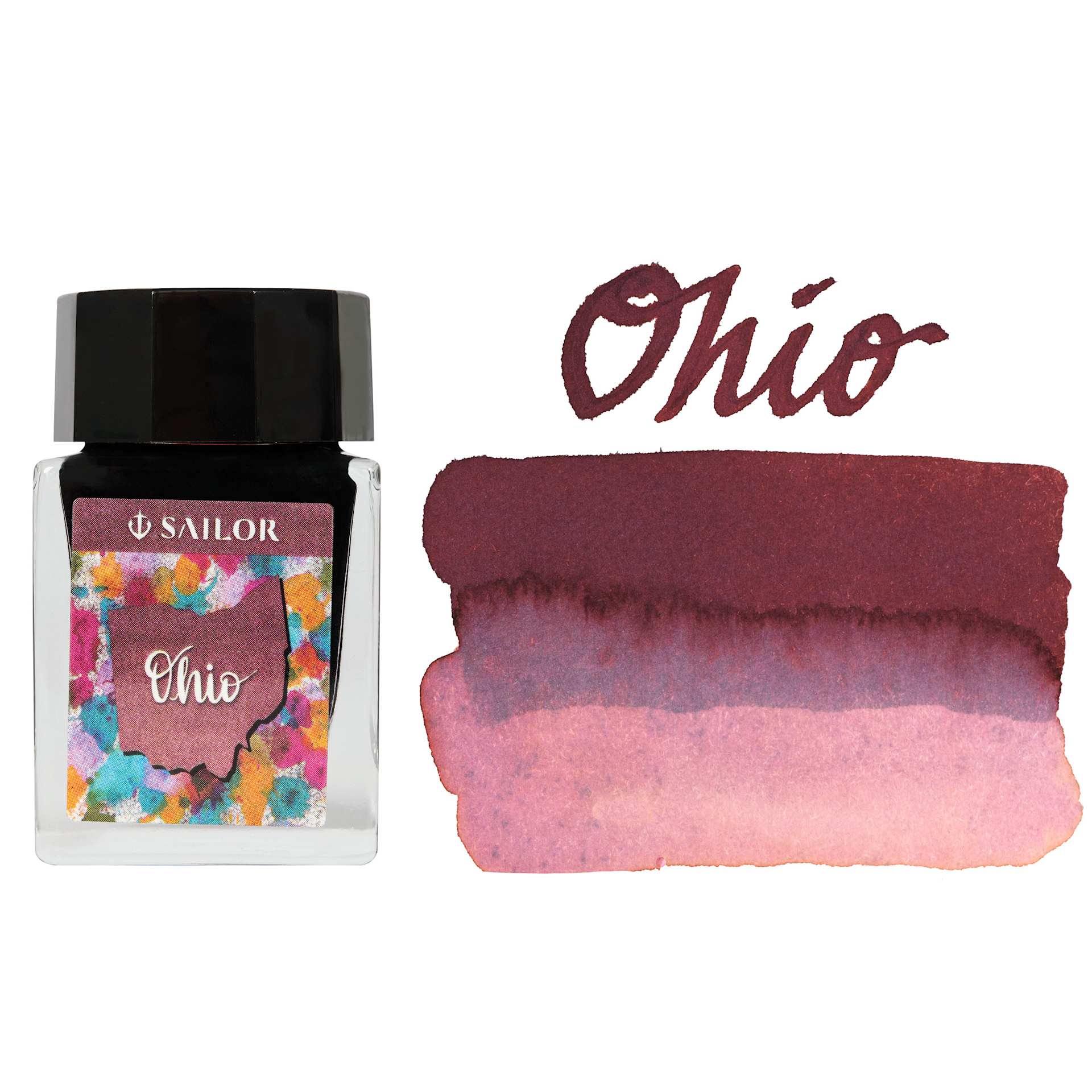 Sailor USA State Ink - Ohio, Mahogany, 20 ml, swatch and bottle