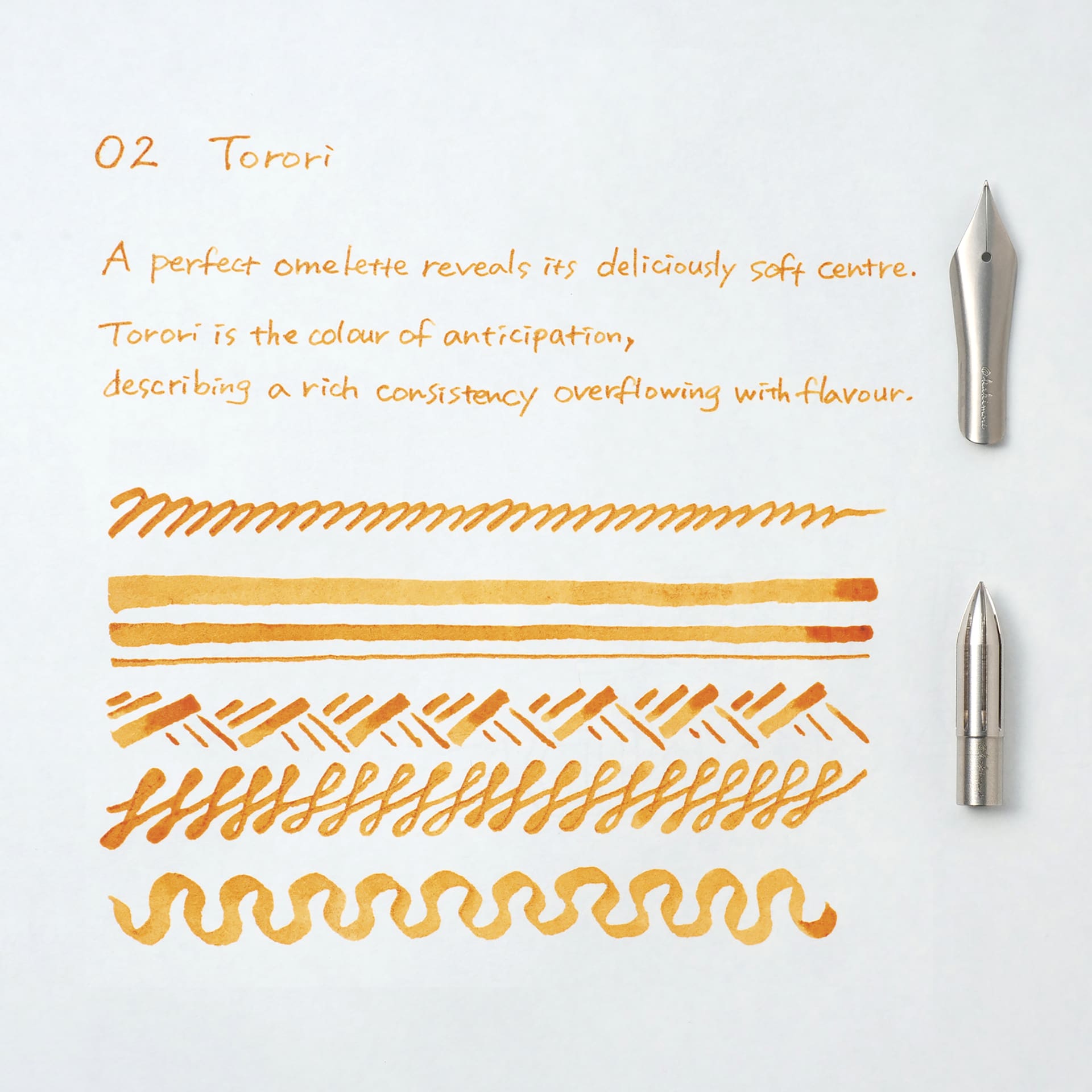 Kakimori Pigment Ink - 02 Torori, ink and pen stroke swatch comparison between nibs (not included)