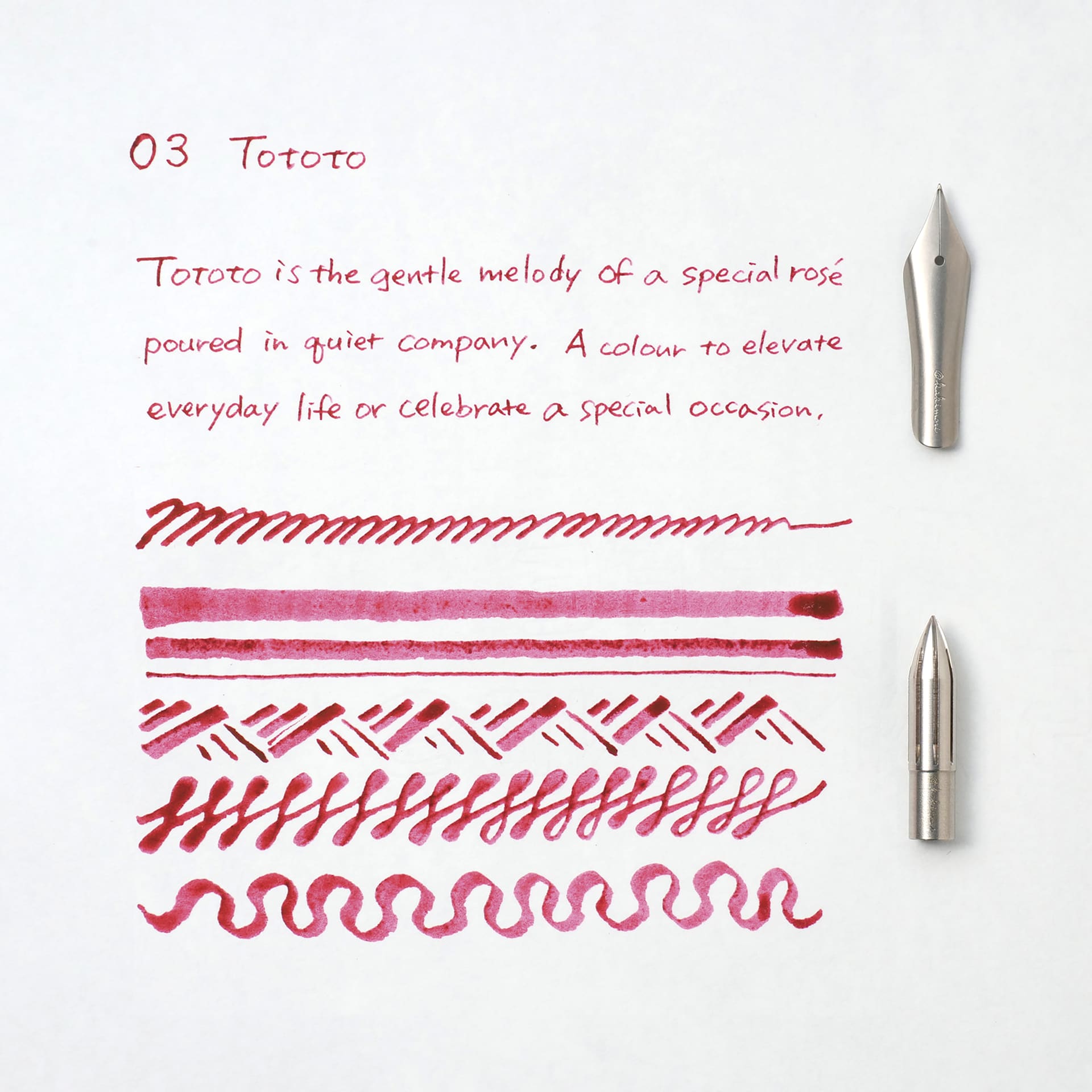 Kakimori Pigment Ink - 03 Tototo, ink and pen stroke swatch comparison between nibs (not included)