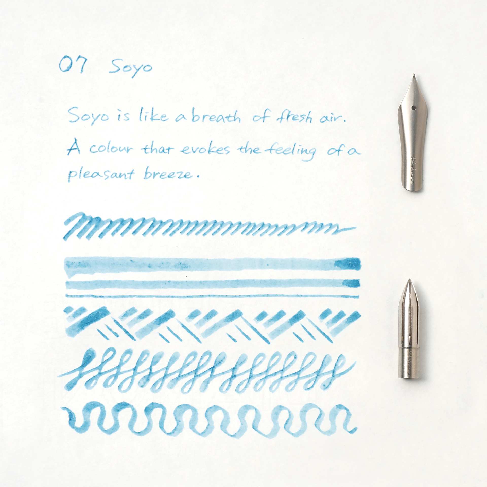 Kakimori Pigment Ink - 07 Soyo, ink and pen stroke swatch comparison between nibs (not included)