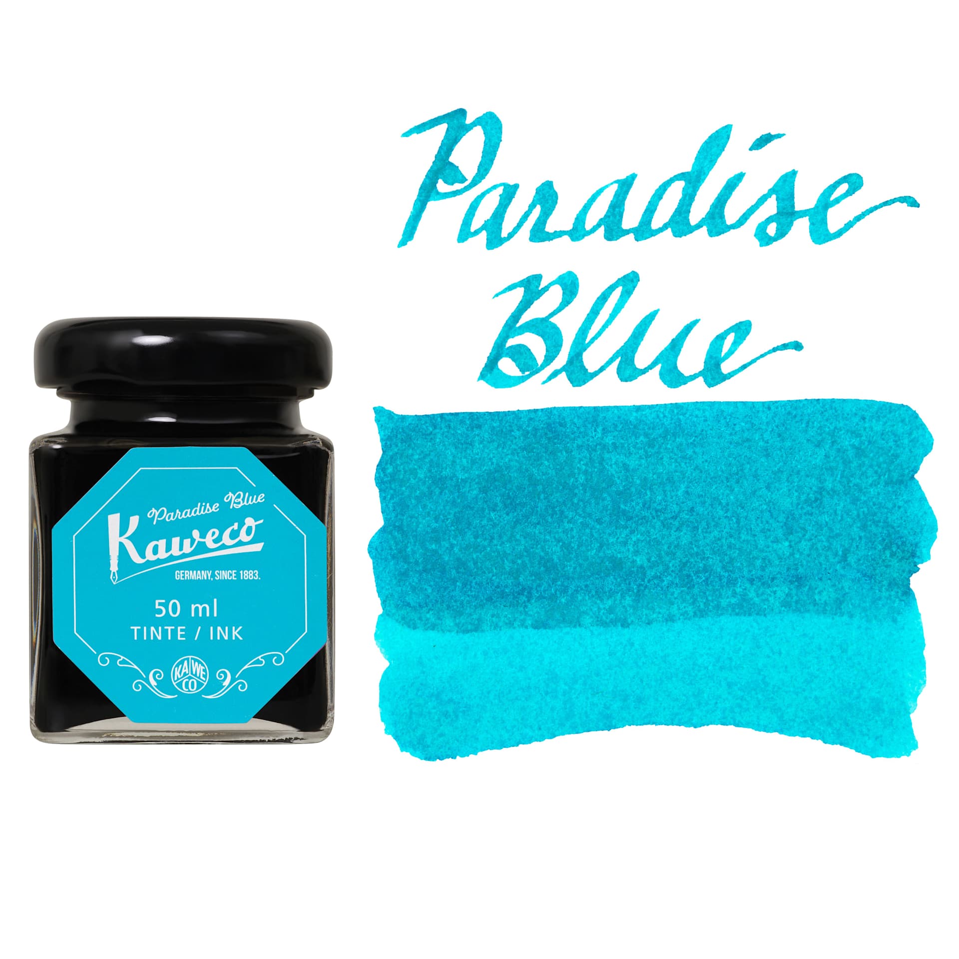 Kaweco Fountain Pen Ink - Paradise Blue, swatch and bottle