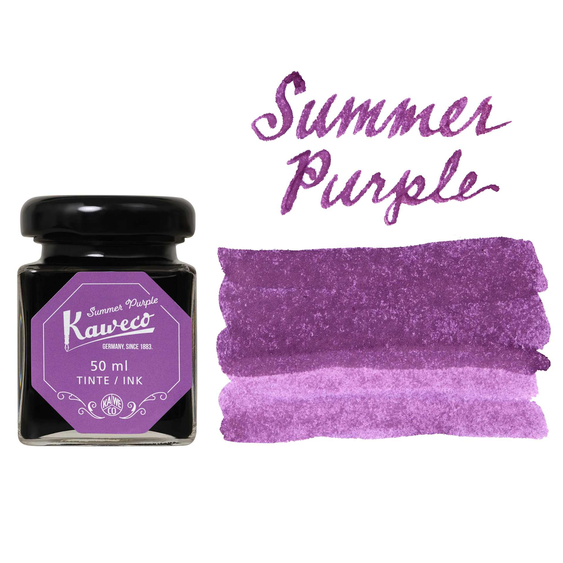Kaweco Fountain Pen Ink - Summer Purple, swatch and bottle
