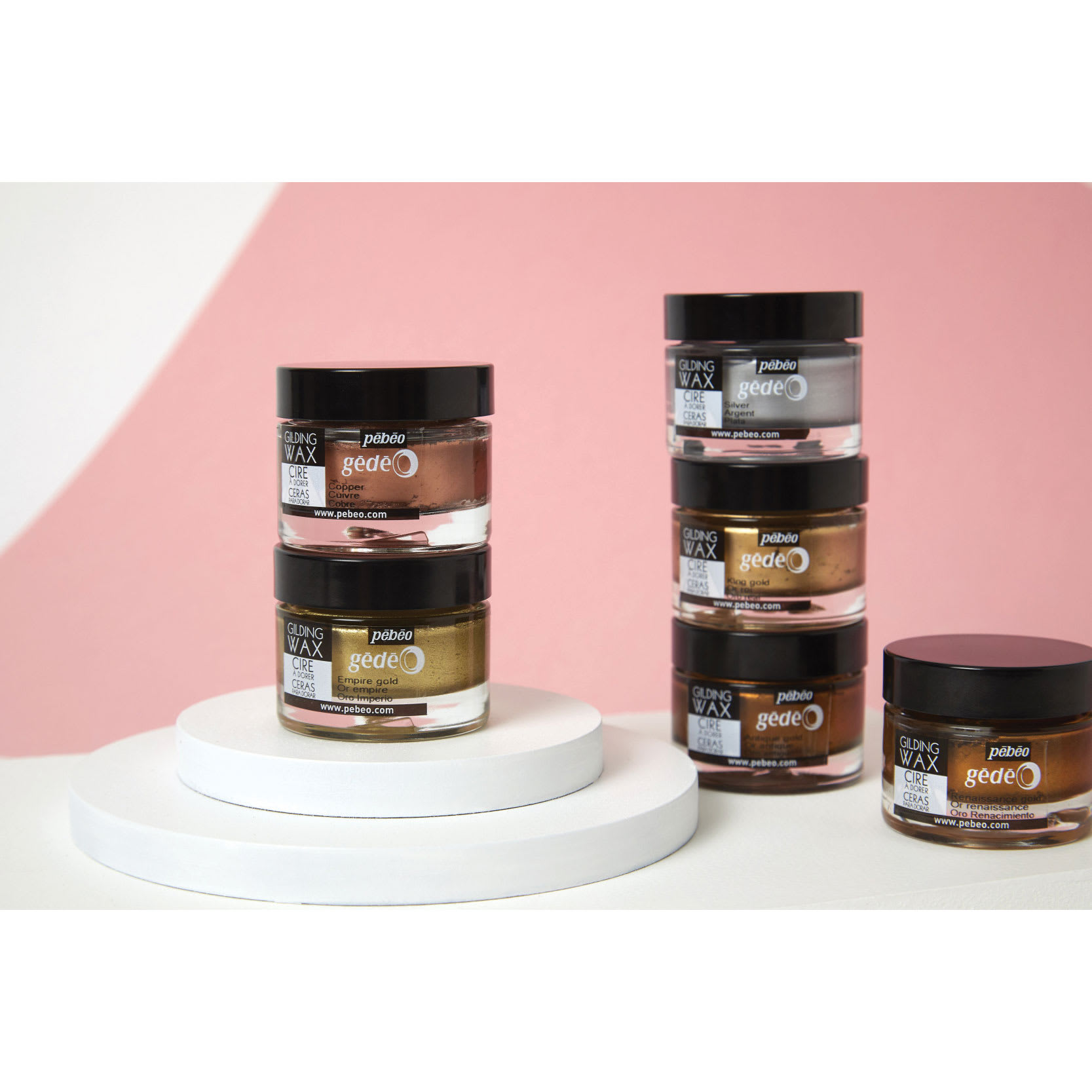 Pebeo Gedeo Gilding Wax jars stacked up.