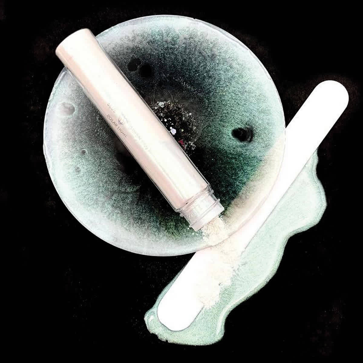 Colorberry Polar Lights Pigment Powders - Blue Green, Swatch and tube on black background