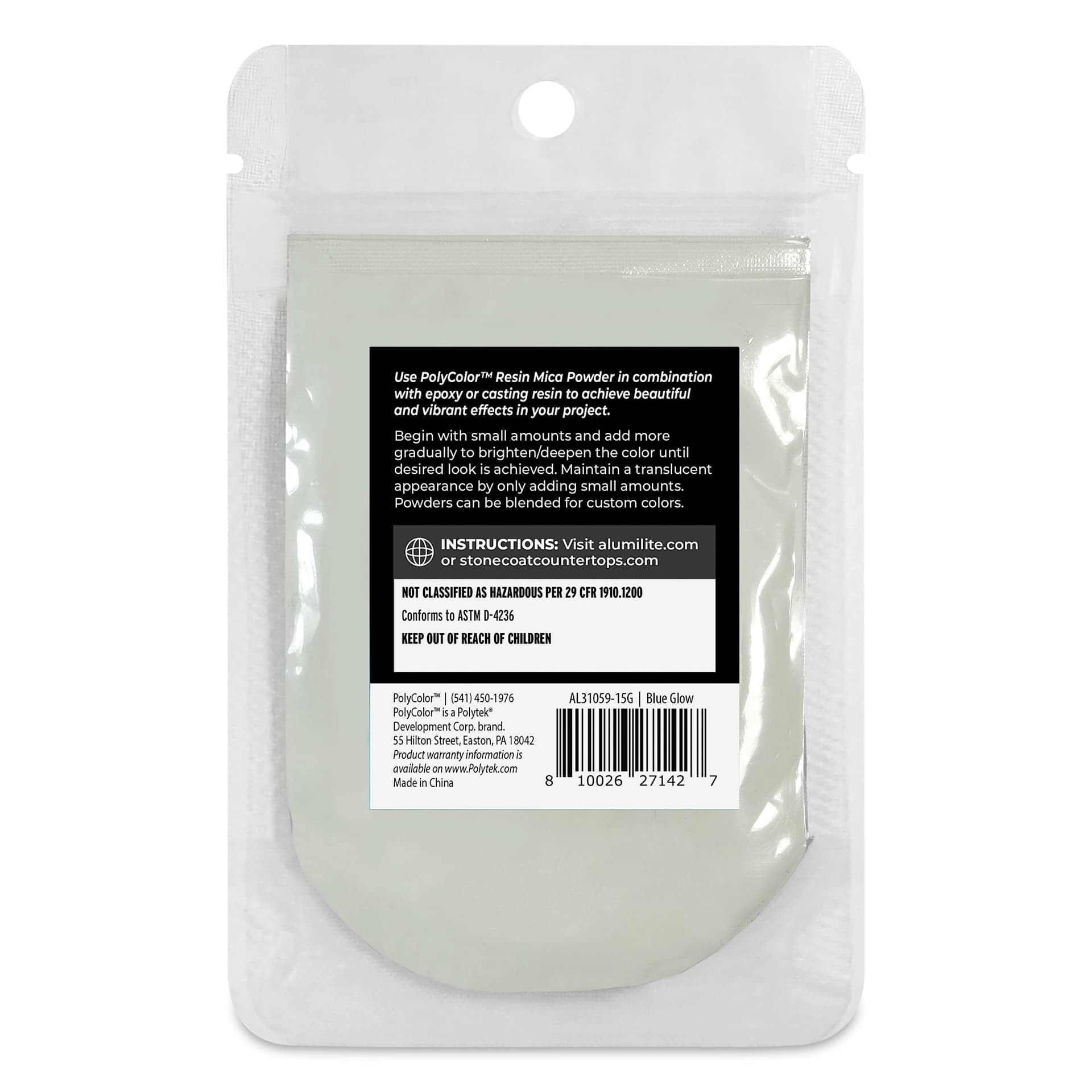 Back of PolyColor Resin Pigment Powder - Blue Glow, 15 g Back of PolyColor Resin Pigment Powder - Blue Glow, 15 g