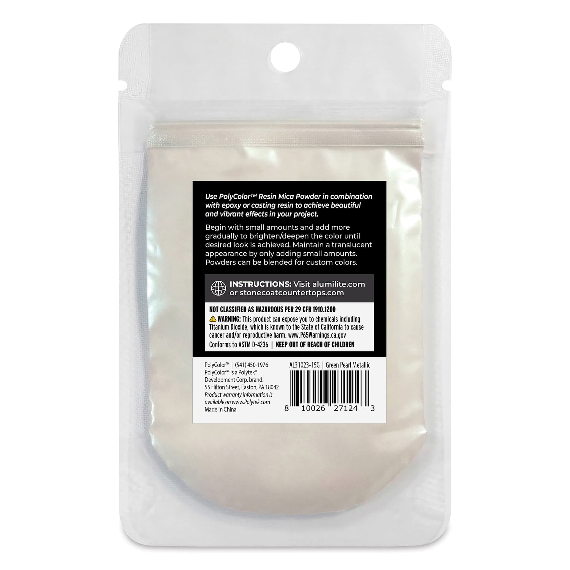 Back of PolyColor Resin Pigment Powder - Green Pearl, 15 g