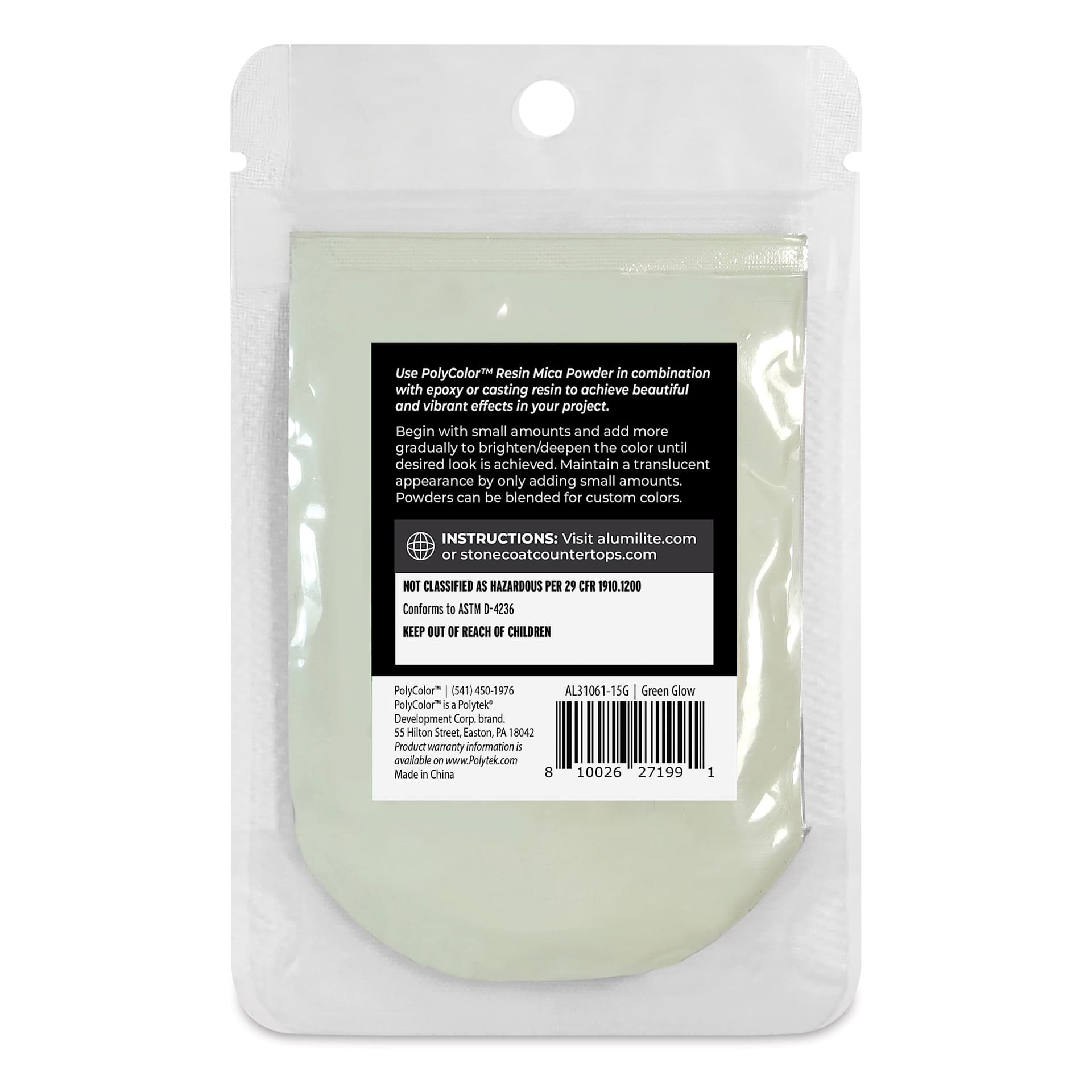 Back of PolyColor Resin Pigment Powder - Green Glow in the Dark, 15 g Back of PolyColor Resin Pigment Powder - Green Glow in the Dark, 15 g