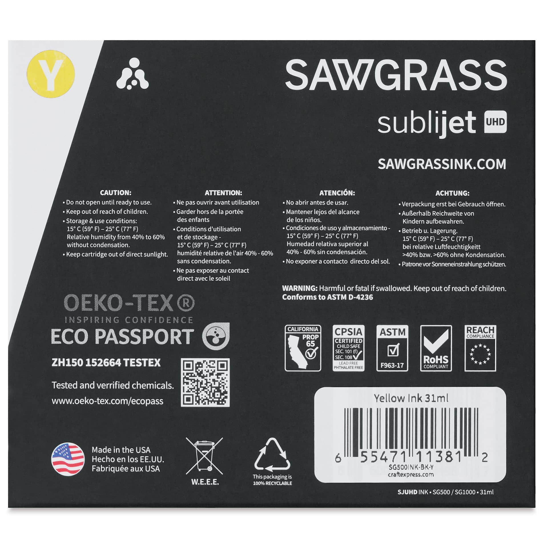 Sawgrass Sublijet Sublimation Printer Ink - Yellow (back of box)