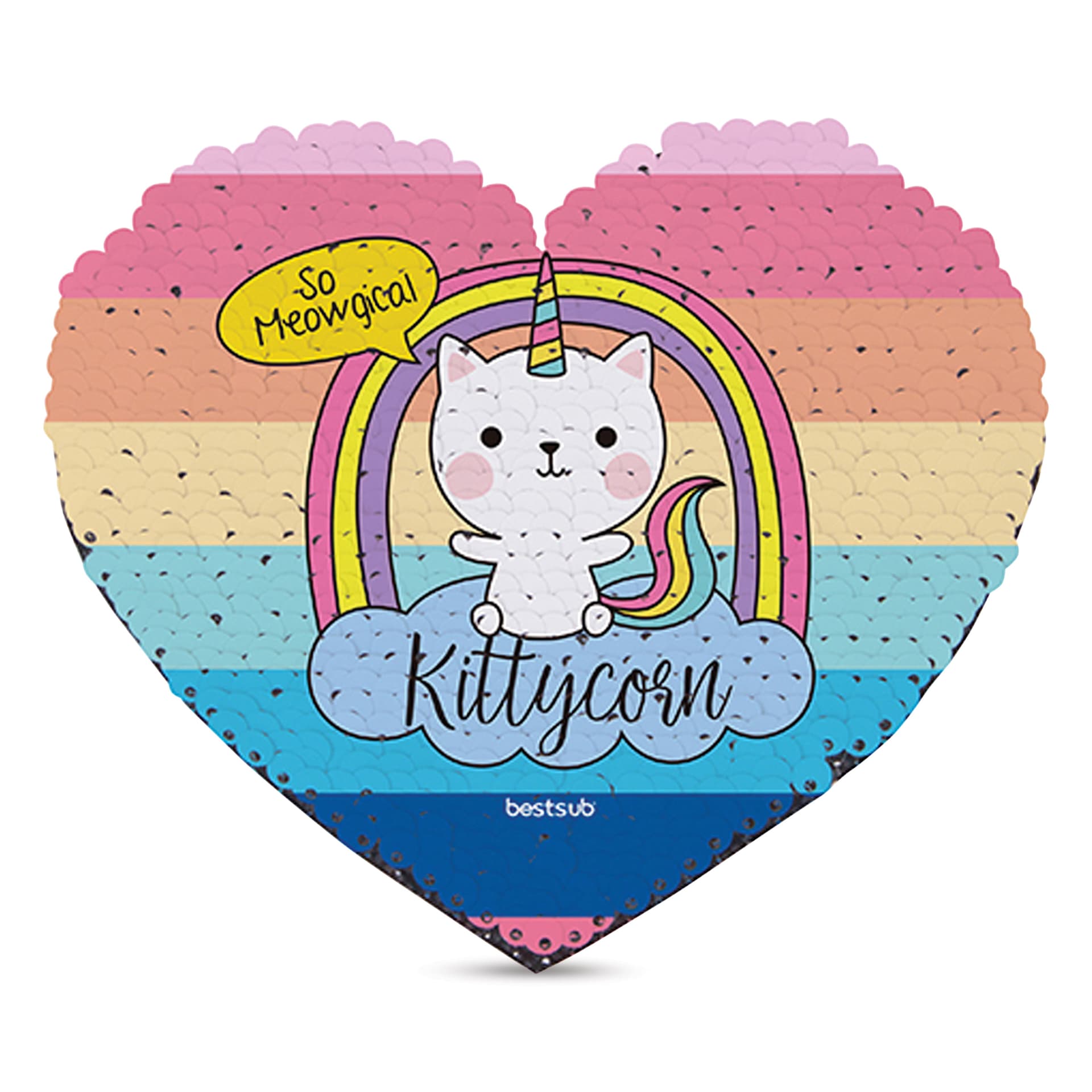 Craft Express Sublimation Printing Flip Sequin Patches - Heart, Champagne, printed with cartoon cat